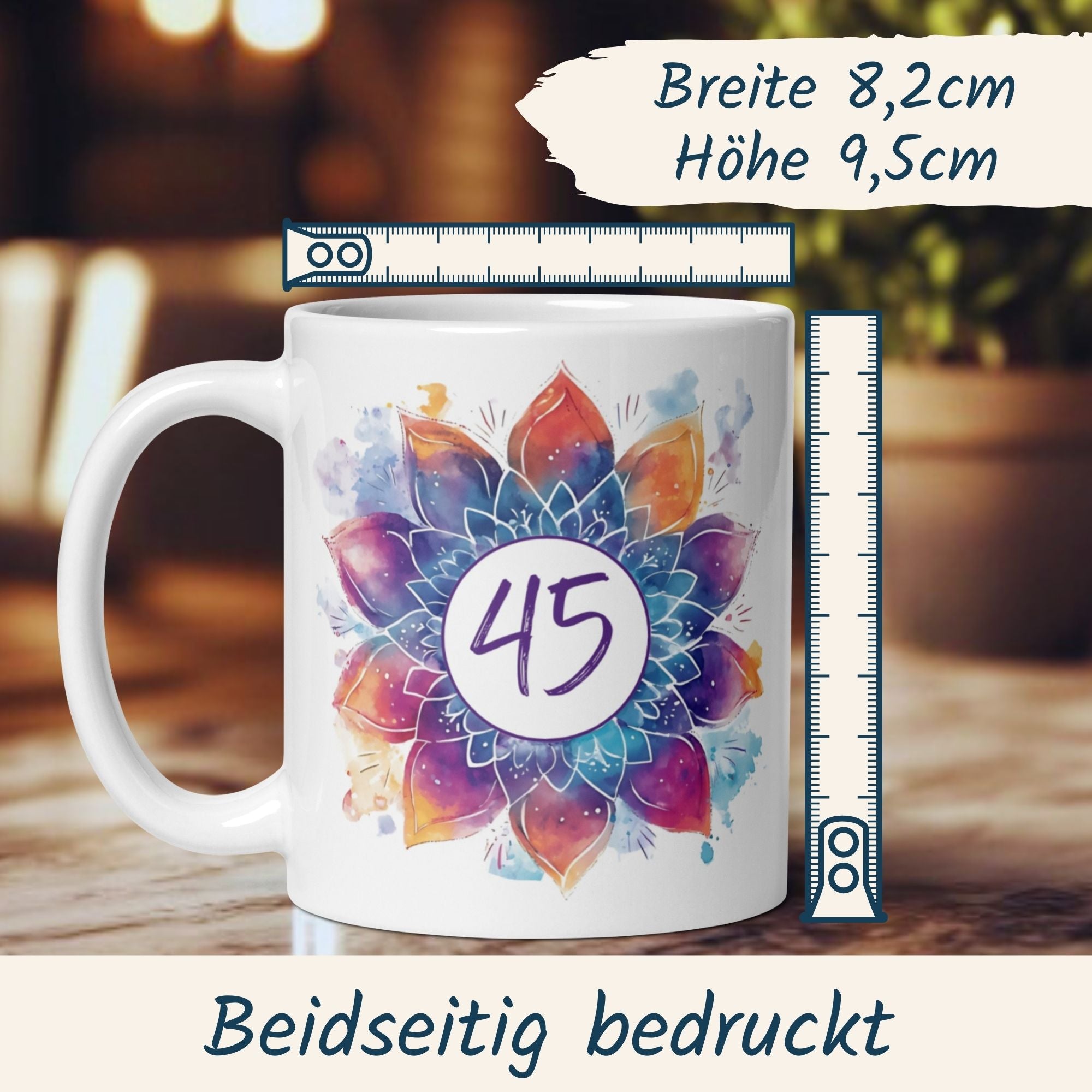 Momentals® Tasse 45. Geburtstag | Mandala Motiv | Farbenfrohes Muster mit Alterszahl • Momentals