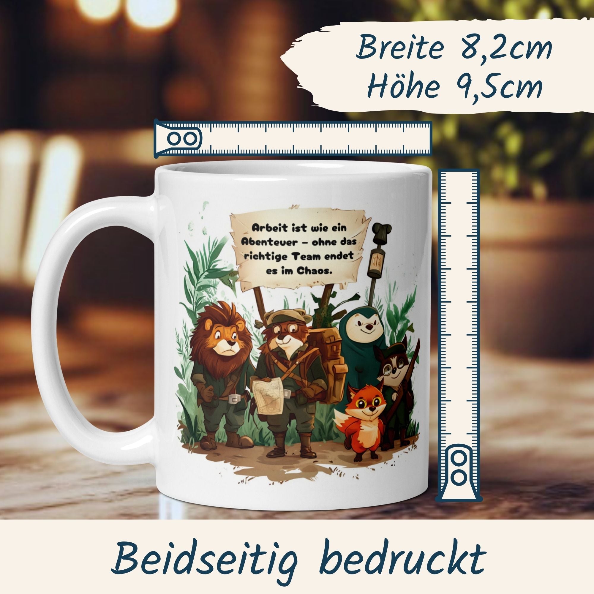 Humorous Teamwork mug featuring animal adventurers with the quote about teamwork and adventure.