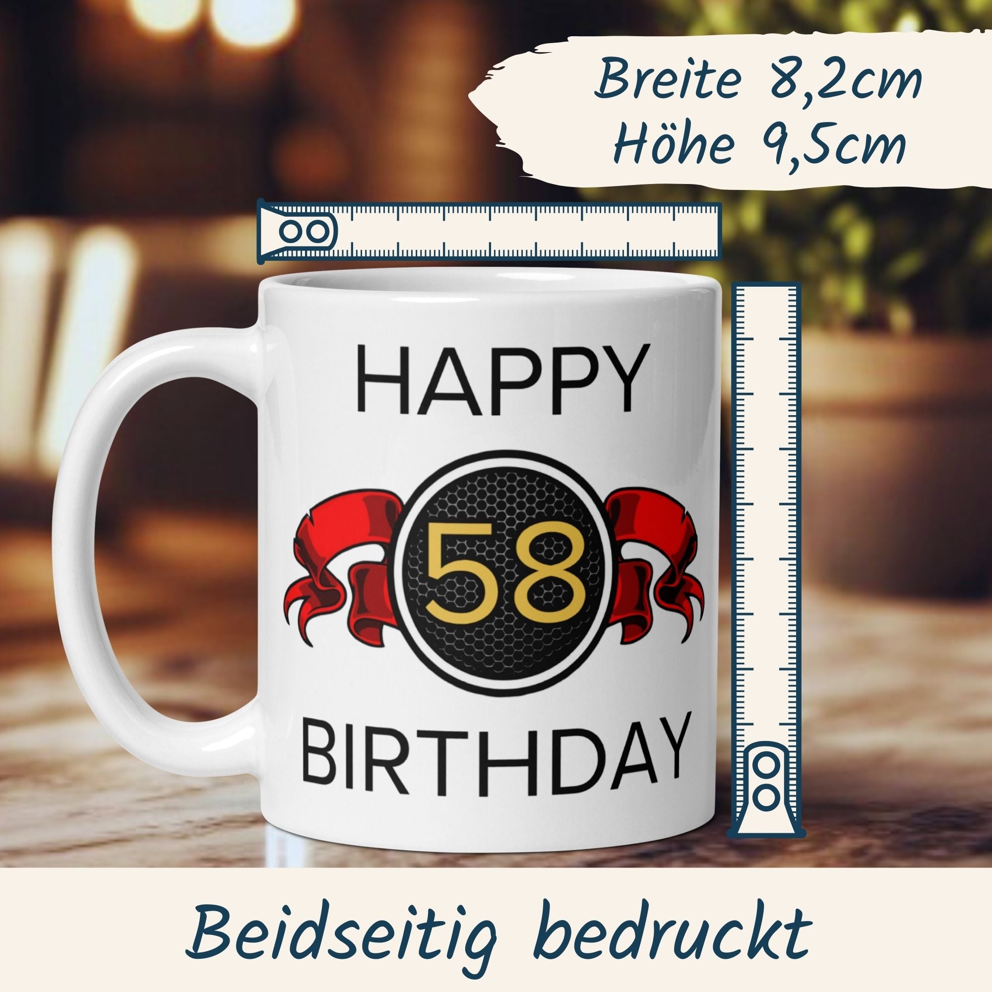 Momentals® Tasse 58. Geburtstag | Wappen & Spruch | Happy Birthday mit roter Schleife • Momentals