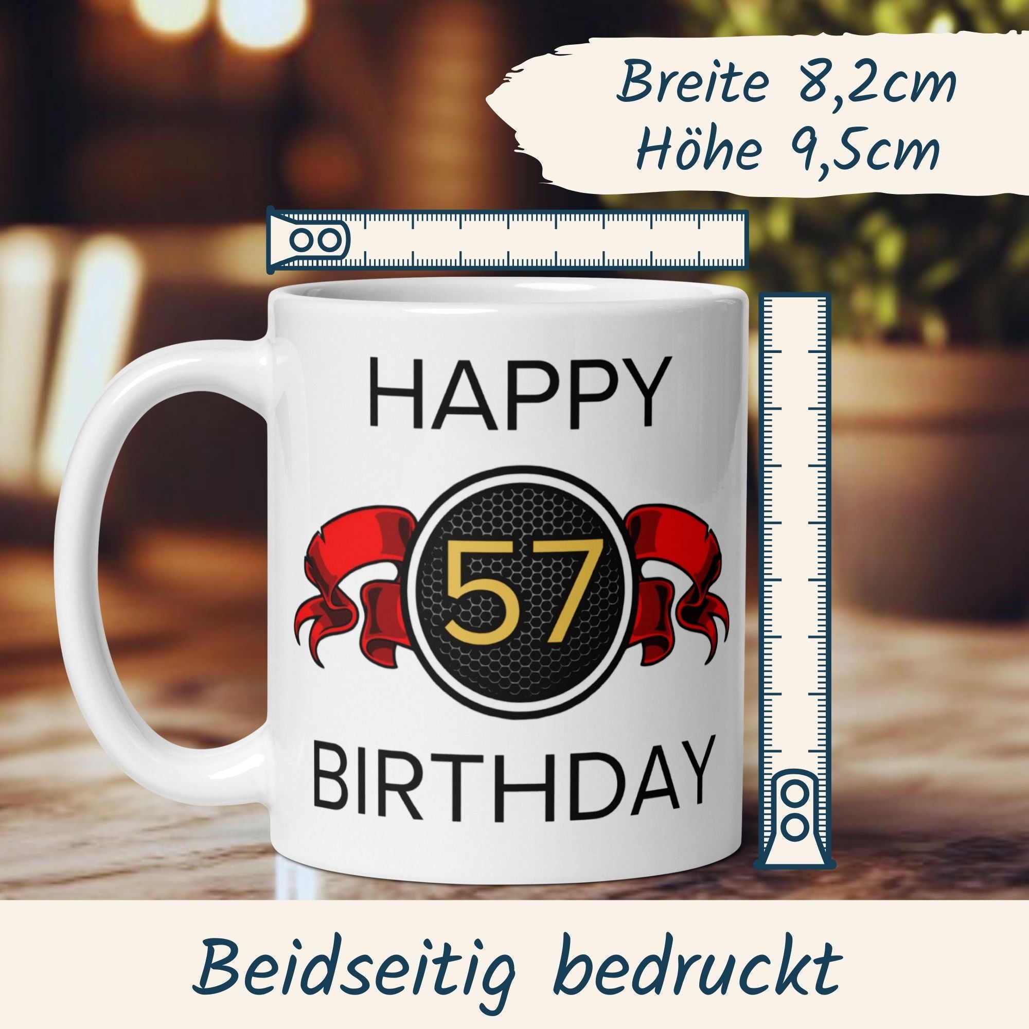 Momentals® Tasse 57. Geburtstag | Wappen & Spruch | Happy Birthday mit roter Schleife • Momentals