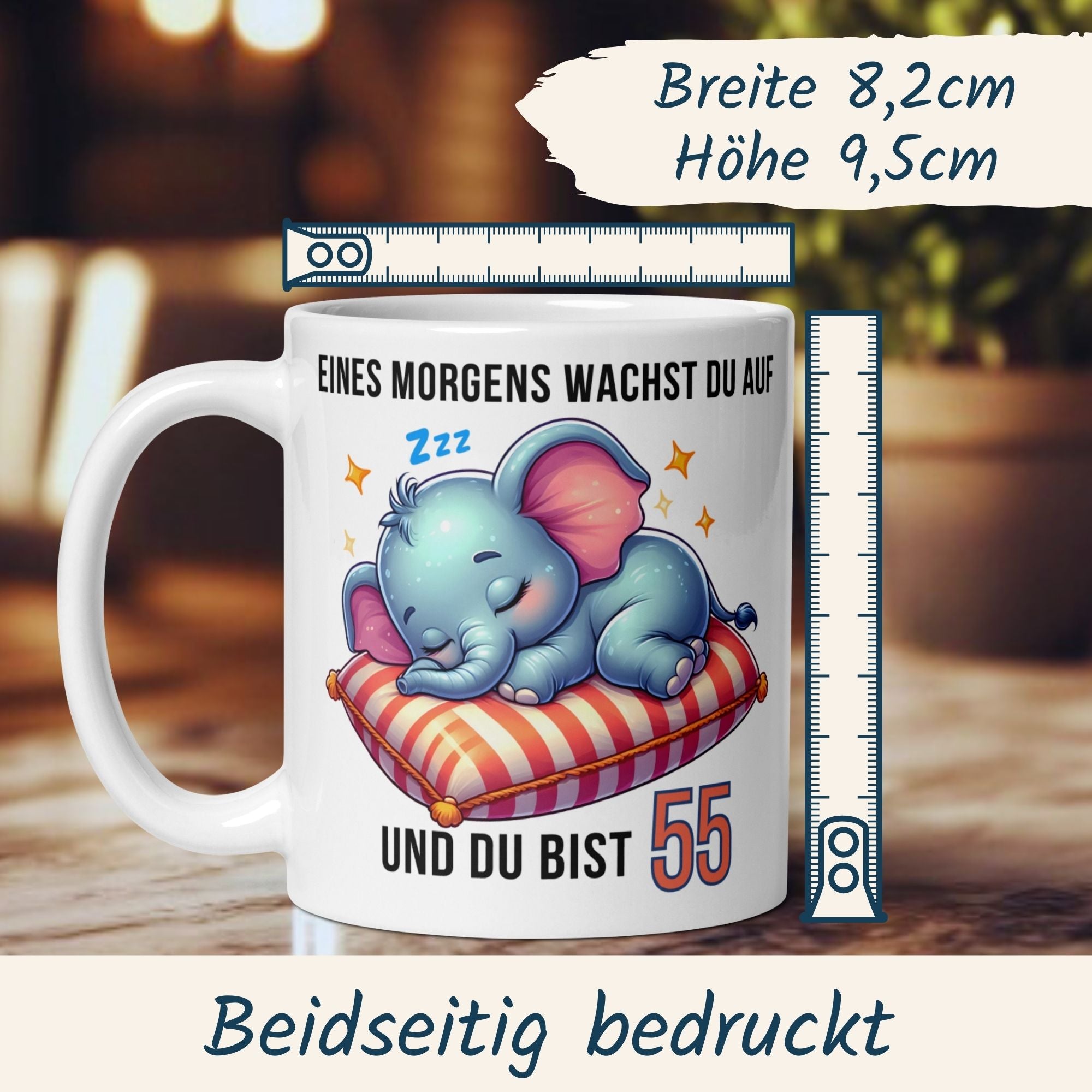 Moments Tasse zum 55. Geburtstag mit schlafendem Elefantenmotiv, beidseitig bedruckt, ideal für Kaffee oder Tee.