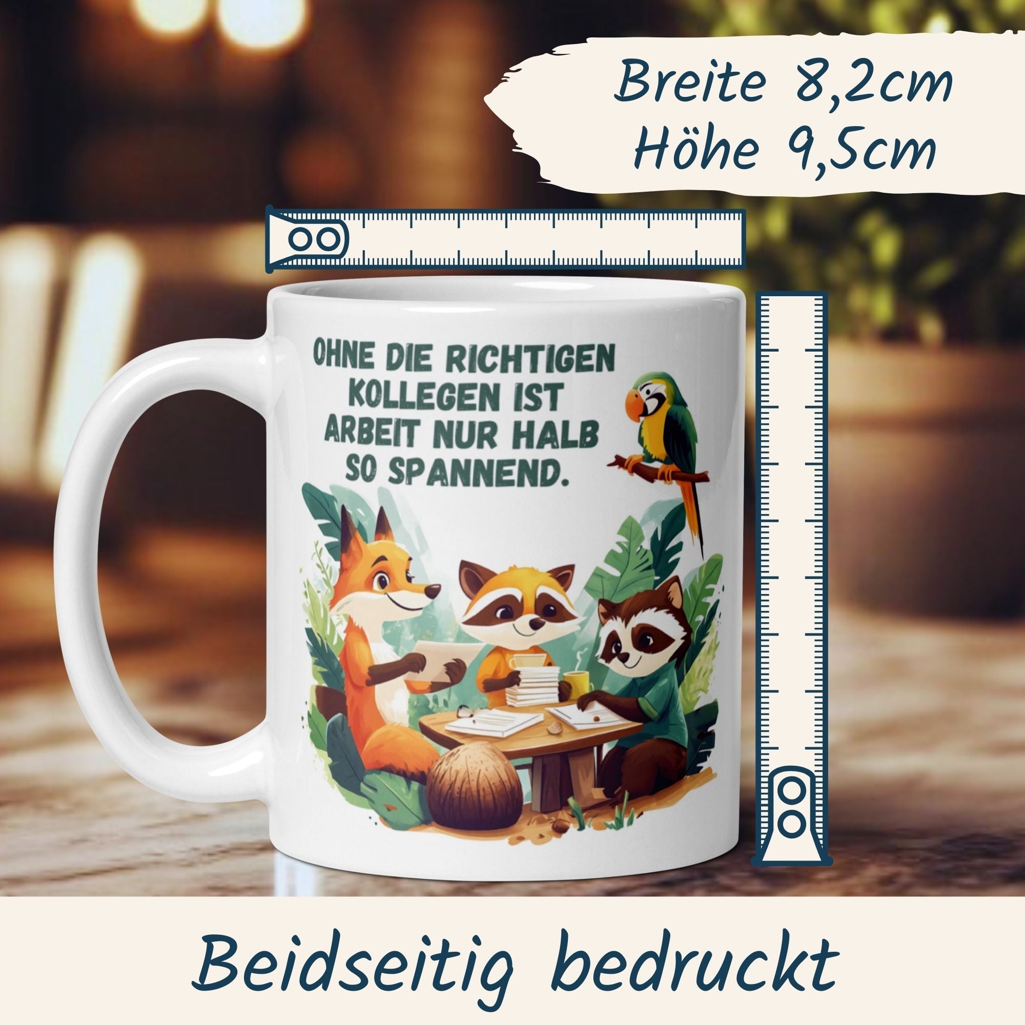 Humorvolle Teamwork Tasse mit witzigem Spruch und tierischem Design, ideal für Büros und Geschenke.