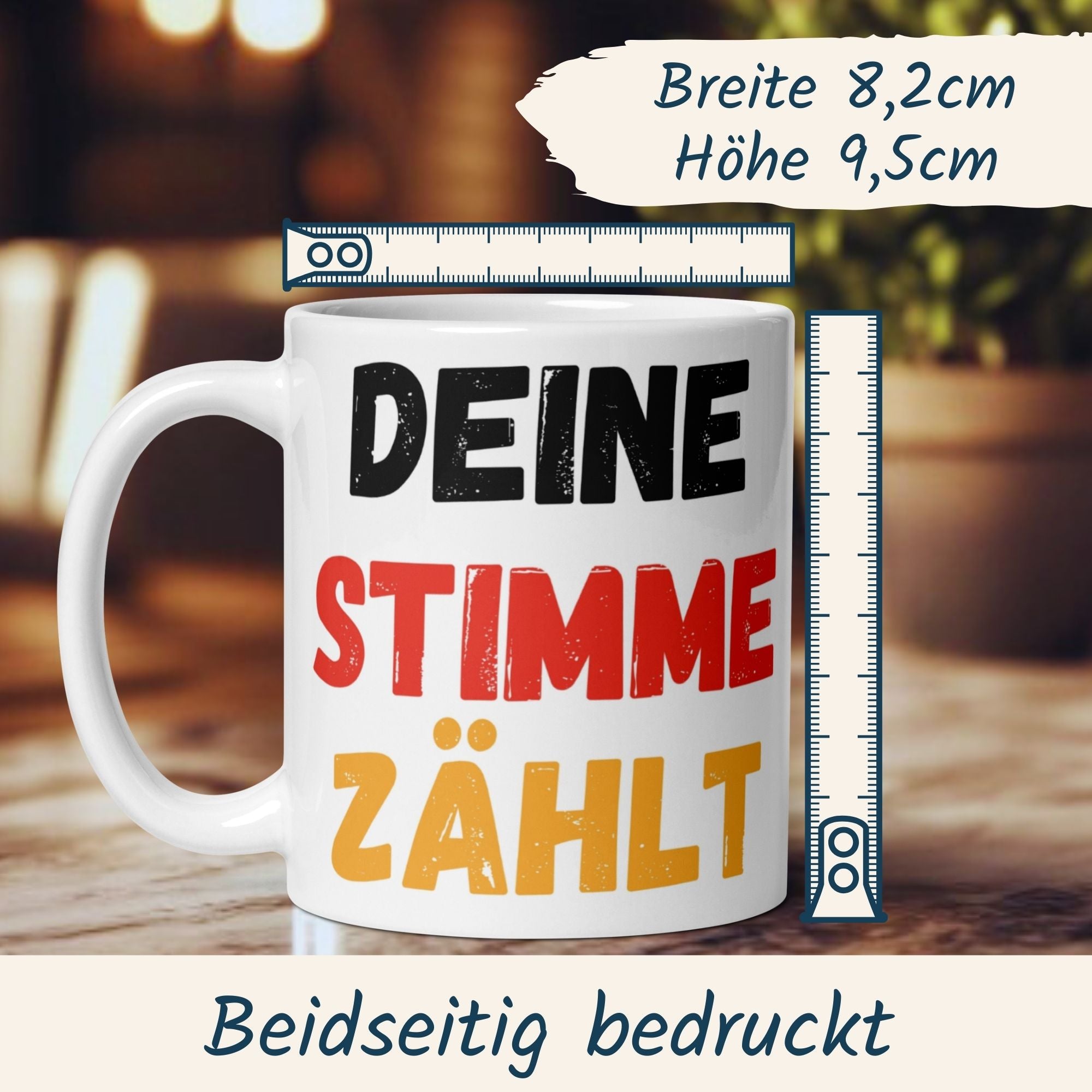 Momentals Tasse mit Spruch 'Deine Stimme zählt' in Schwarz-Rot-Gold, ideal für politischen Ausdruck und Alltag.