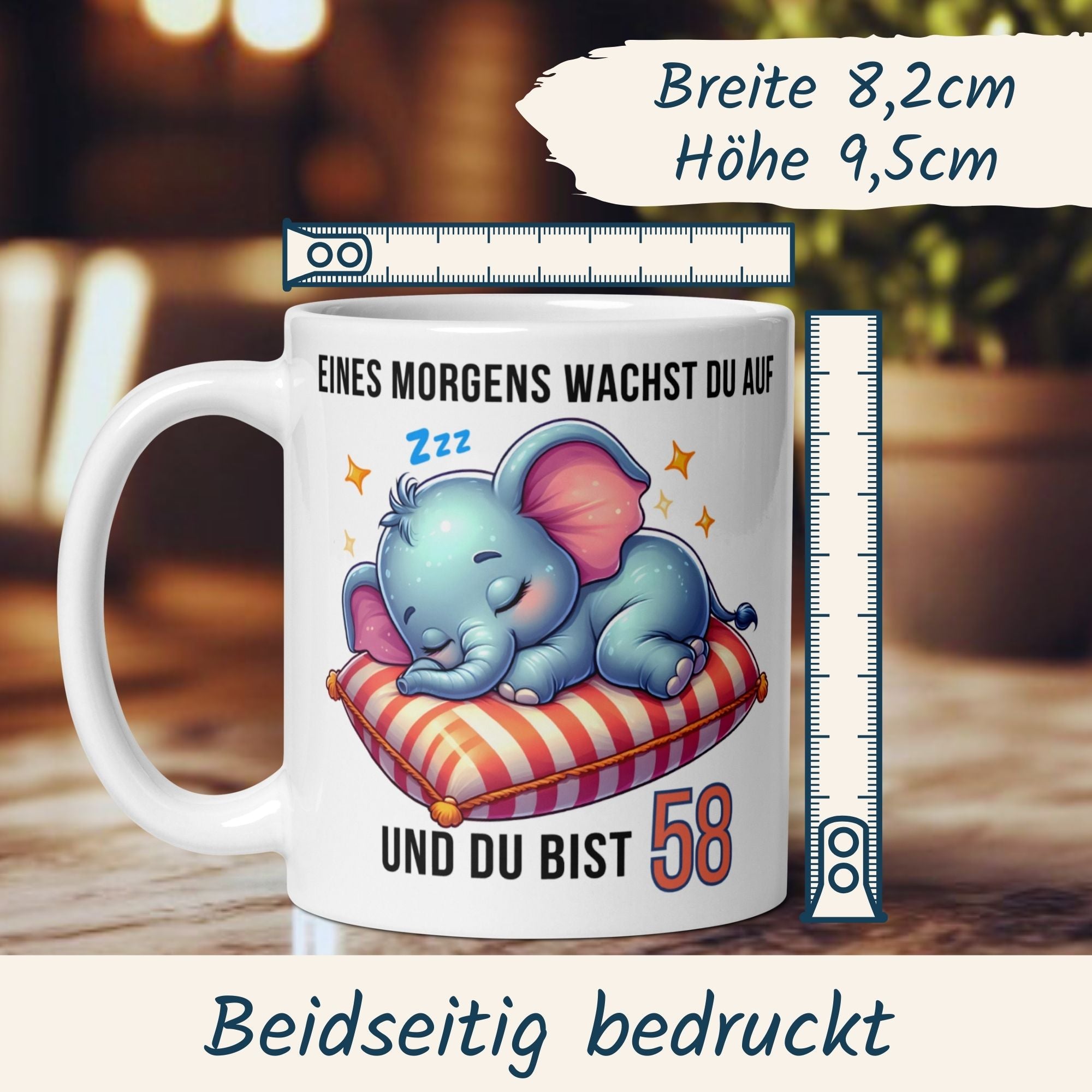 Momentals® Tasse 58. Geburtstag | Elefant & Spruch | Eines Morgens wachst du auf und du bist 58 • Momentals