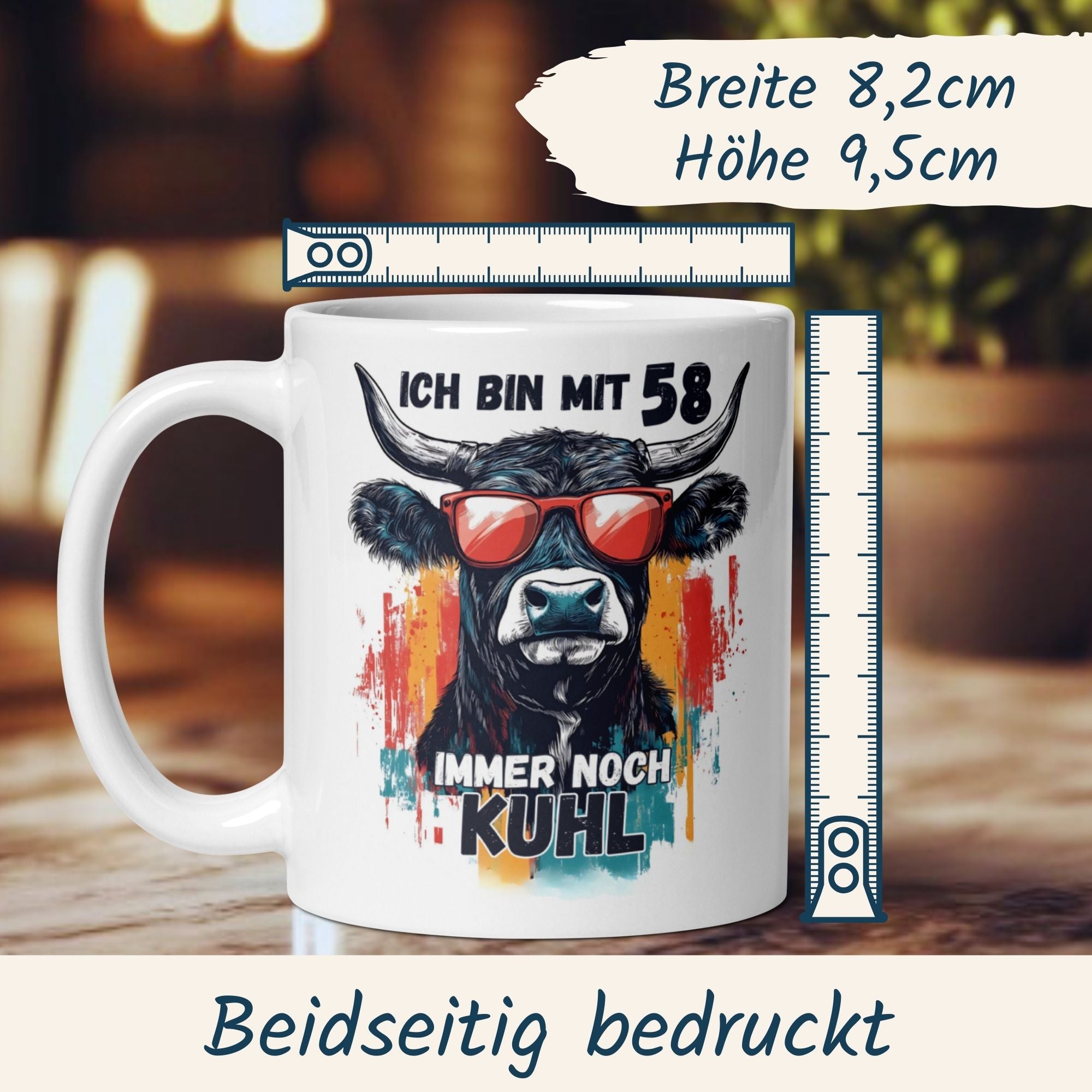 Momentals® Tasse 58. Geburtstag | Kuh & Spruch | Ich bin mit 58 immer noch Kuhl • Momentals