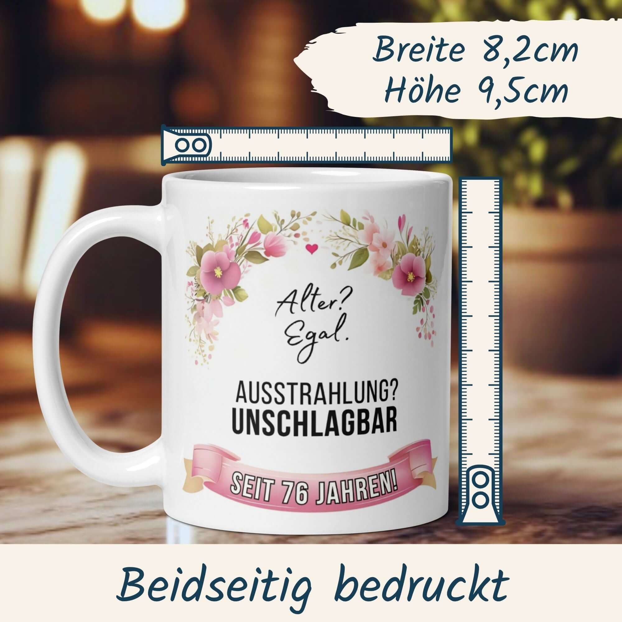 Stylish 76th birthday mug with floral design and fun quote, perfect gift for women celebrating their special day.
