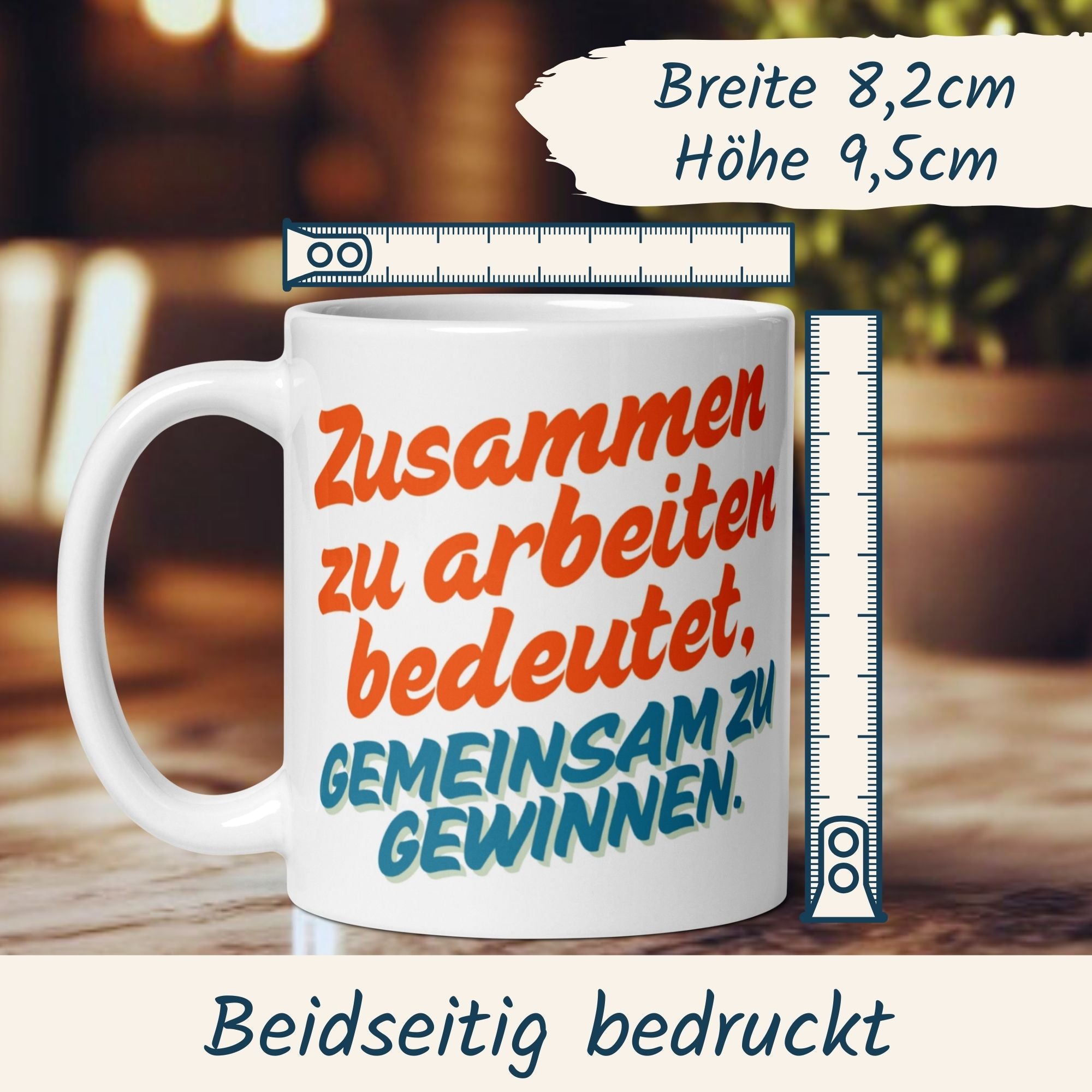 Teamwork Tasse mit Motivationsspruch "Zusammen zu arbeiten bedeutet, gemeinsam zu gewinnen" - perfekt für Büro und Geschenke.