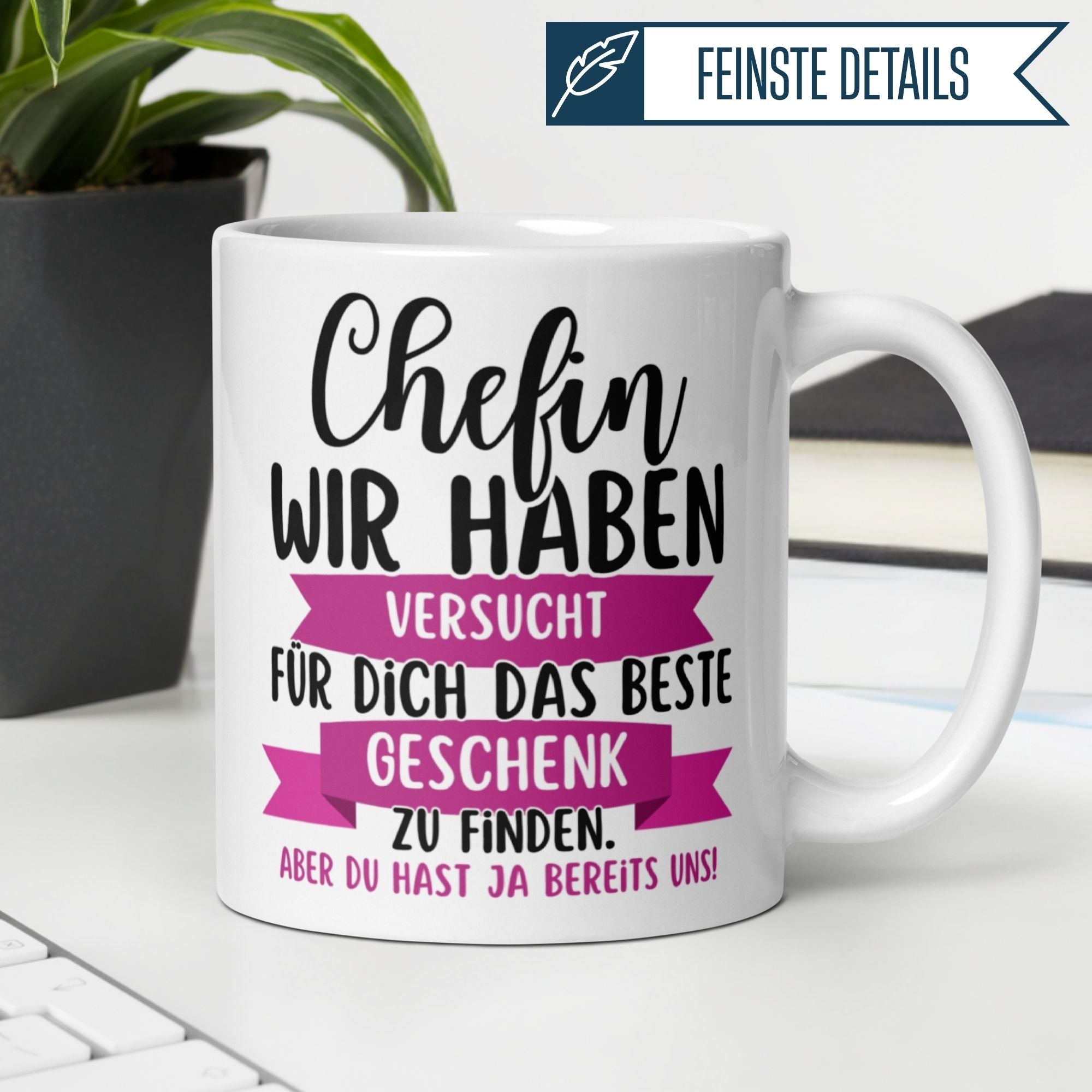 Momentals Tasse für Chefin mit humorvollem Spruch – perfektes Geschenk für Abschied und Wertschätzung.