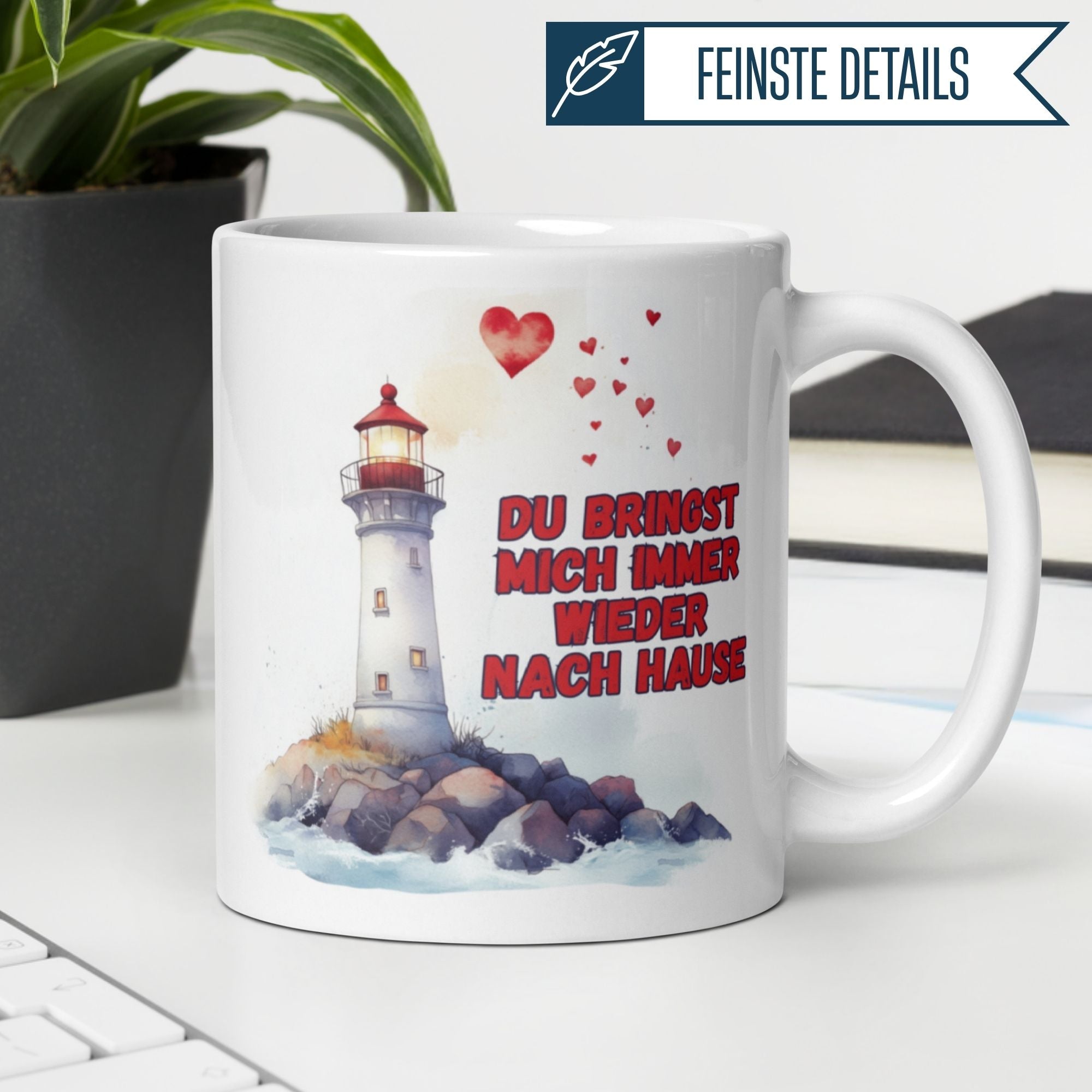 Momentals Tasse mit Leuchtturm und Herz, spruch "Du bringst mich immer wieder nach Hause", romantisches Geschenk