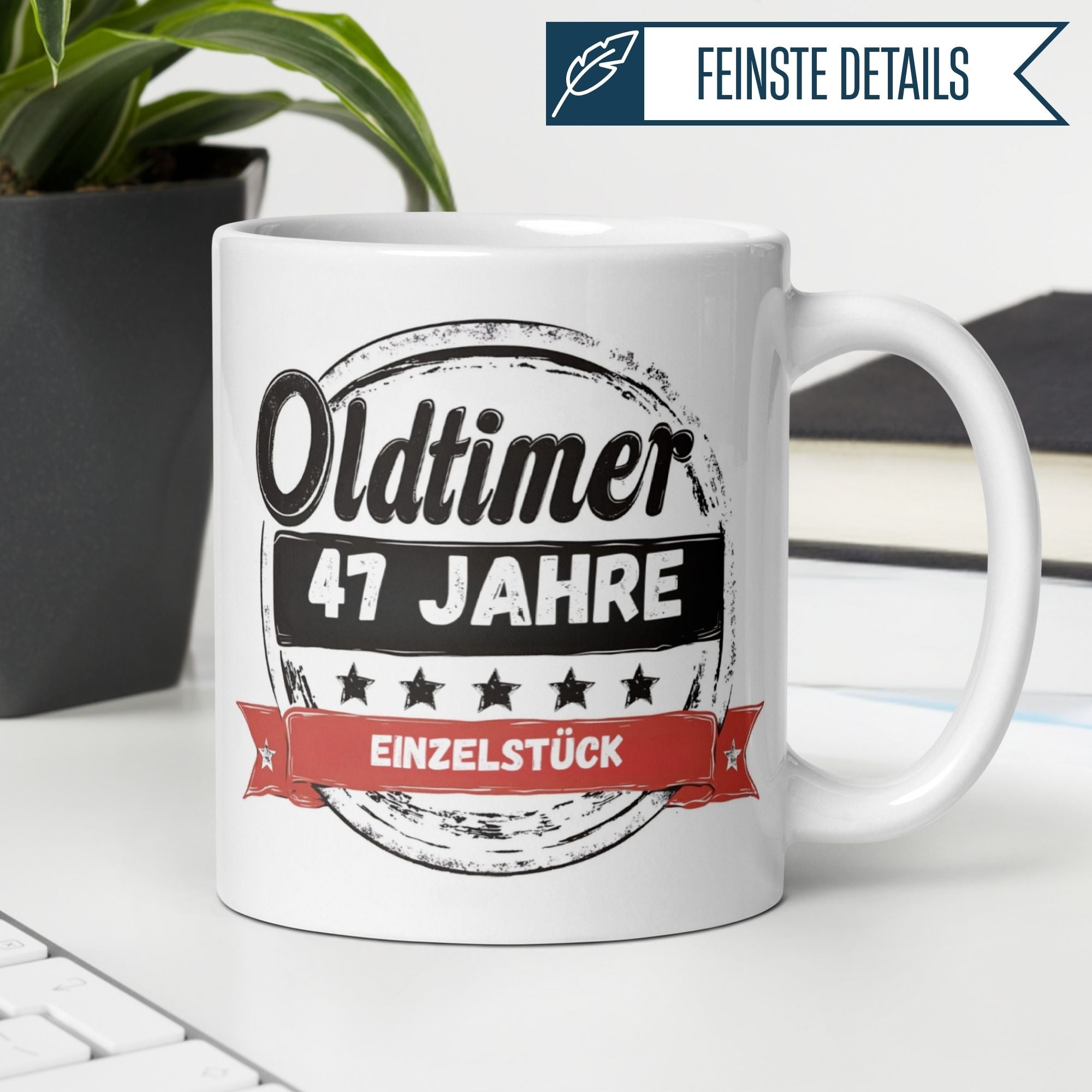 Oldtimer Tasse für 47. Geburtstag, humorvoll und einzigartig, ideal für nostalgische Kaffeegenüsse.