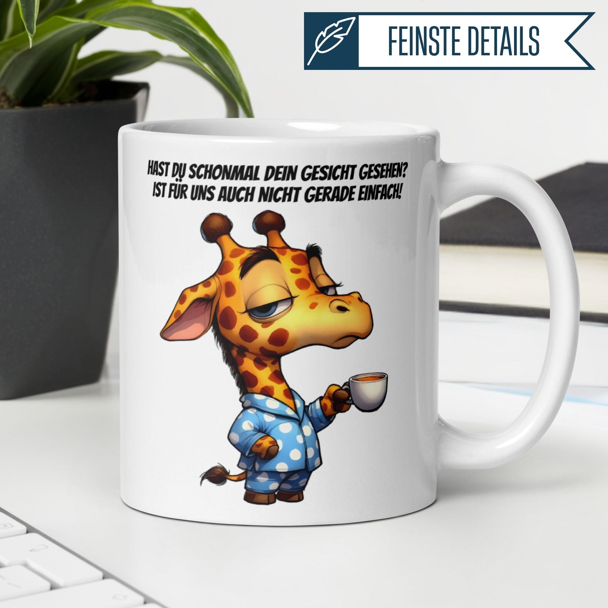 Momentals Tasse mit Giraffe und Spruch für Morgenmuffel: "Hast du schonmal dein Gesicht gesehen?" Humorvoll!