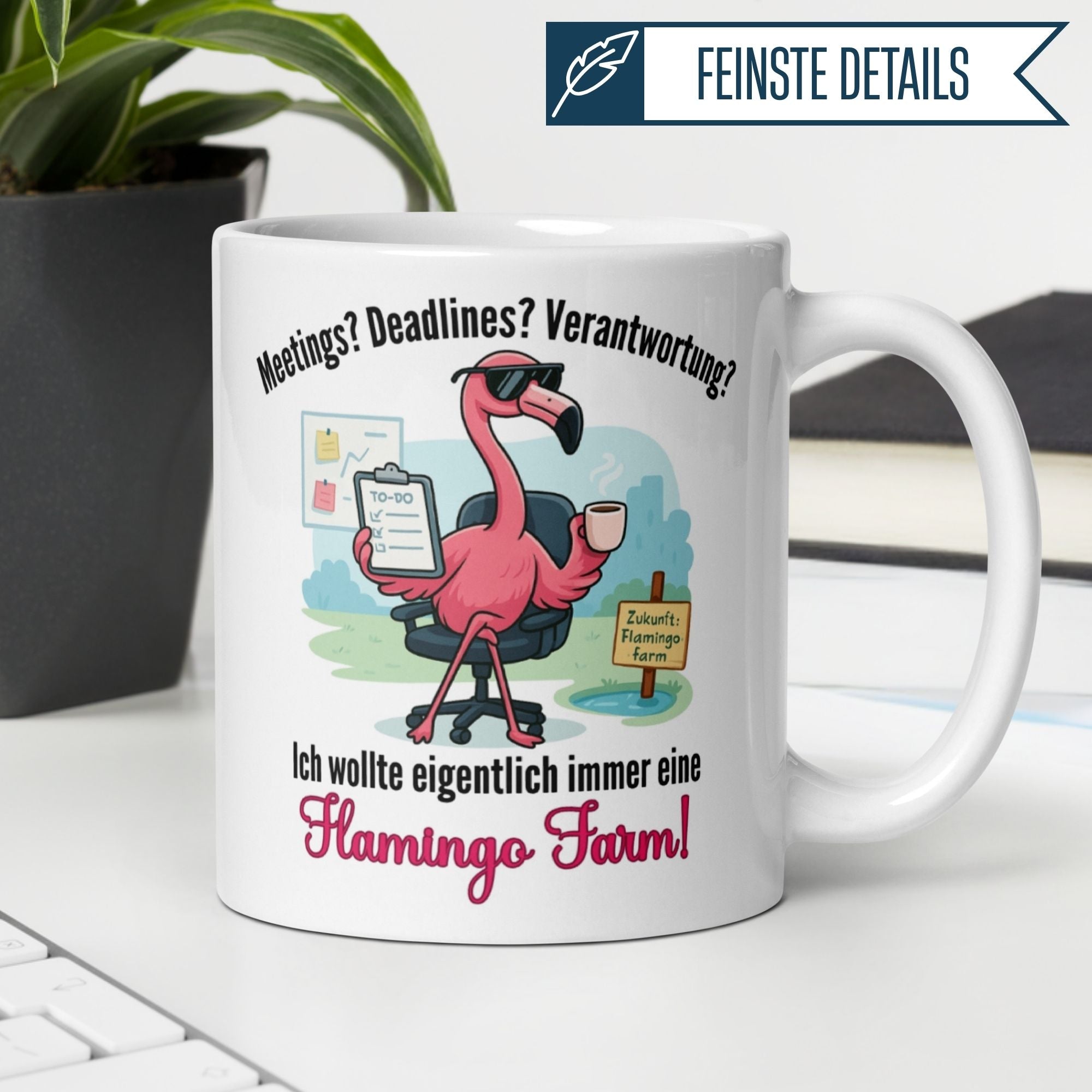 Momentals® Tasse mit Flamingo-Motiv und humorvollem Spruch für echte Morgenmuffel.