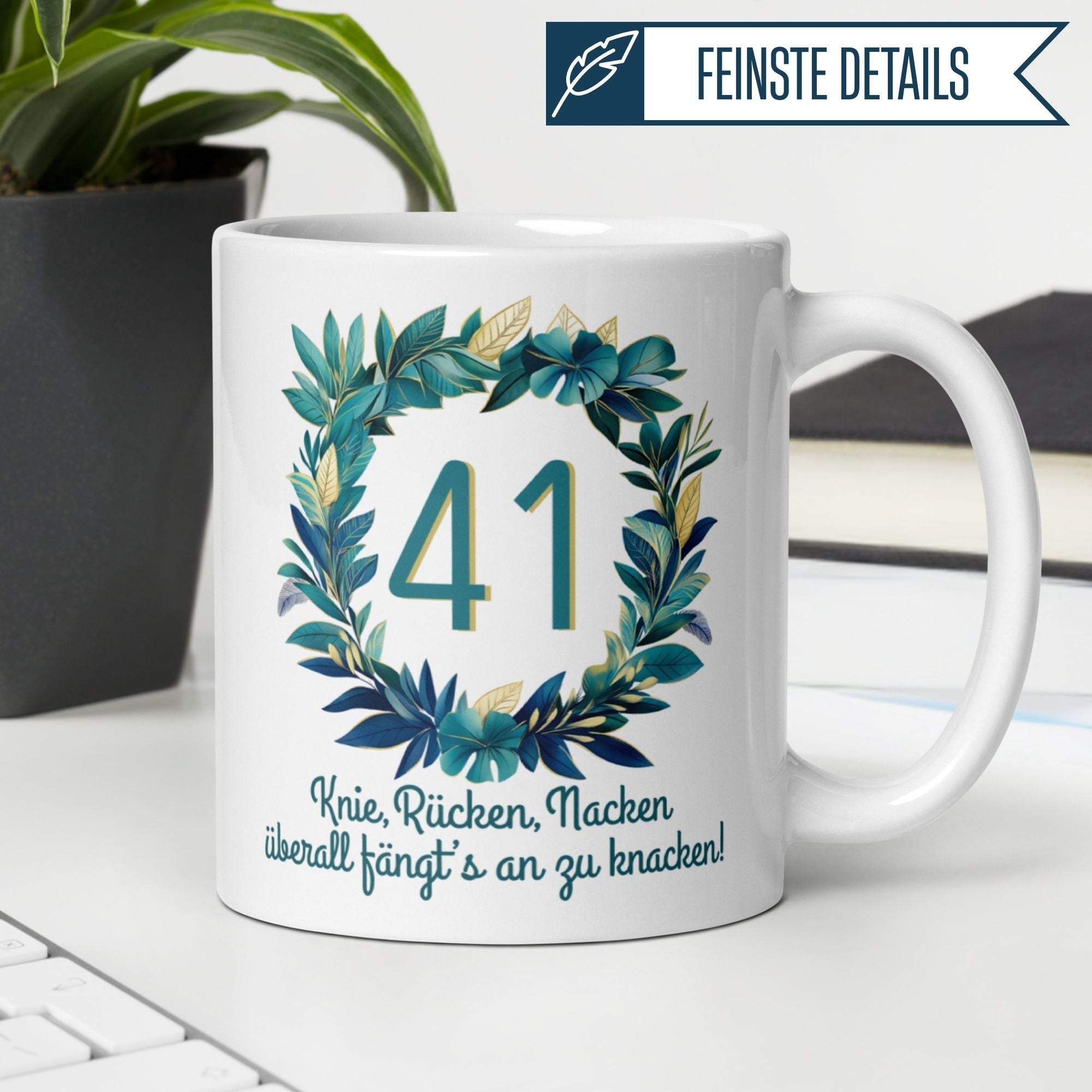 Momentals Tasse zum 41. Geburtstag mit Spruch "Knie, Rücken, Nacken – überall fängt's an zu knacken!"