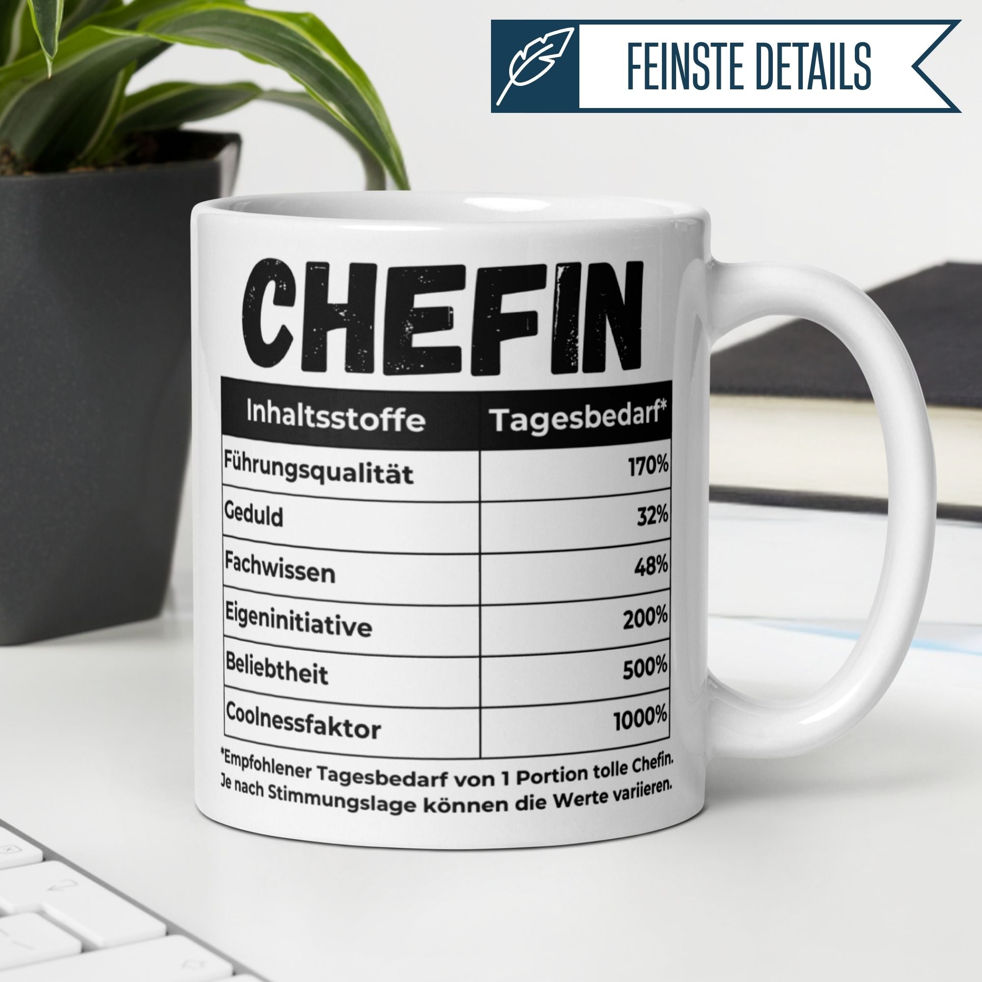Momentals® Chefin Tasse mit humorvollem Nährwertdesign für Abschiedsgeschenke.