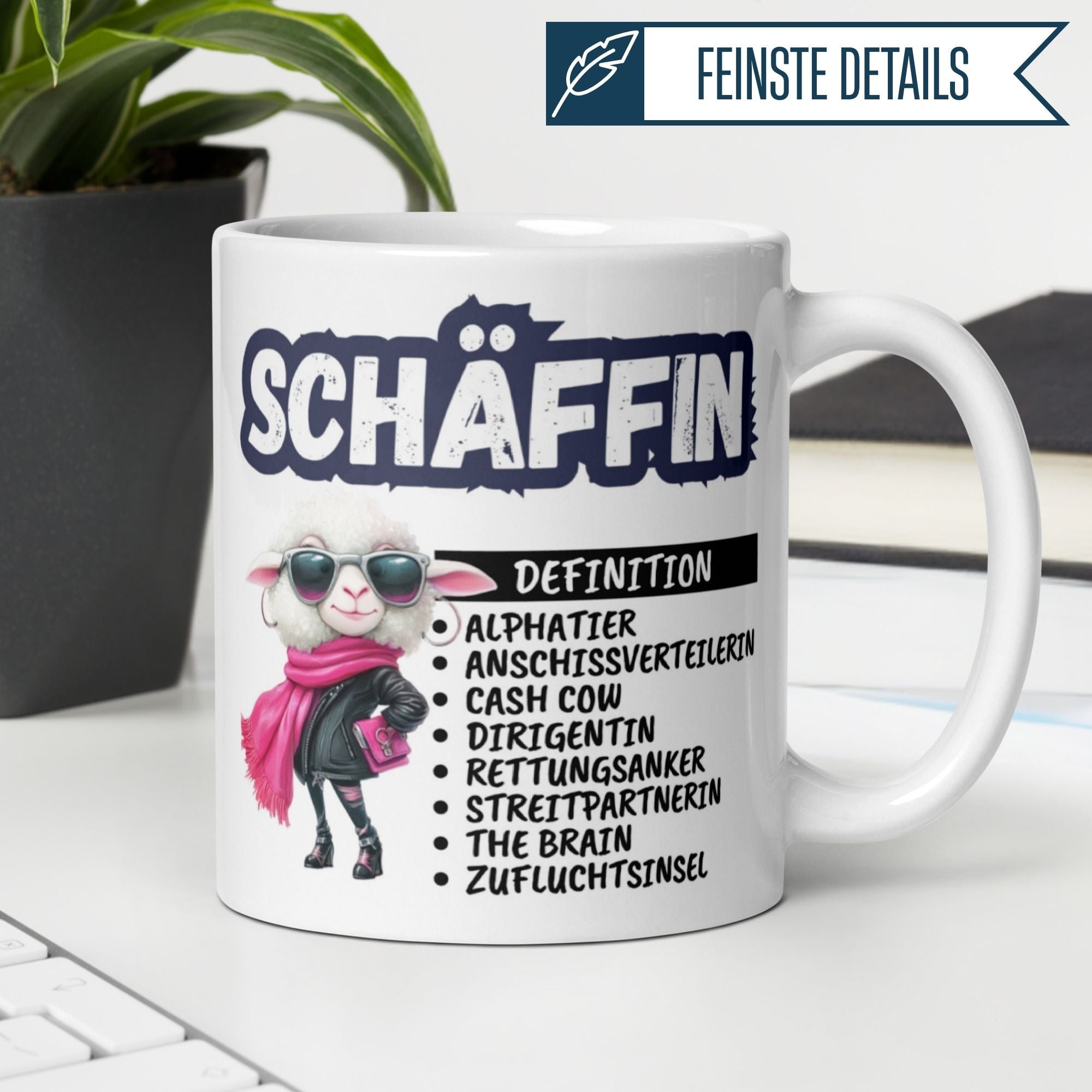 Humorous Momentals coffee mug featuring a cool sheep and definitions of 'Chefin' in stylish design.
