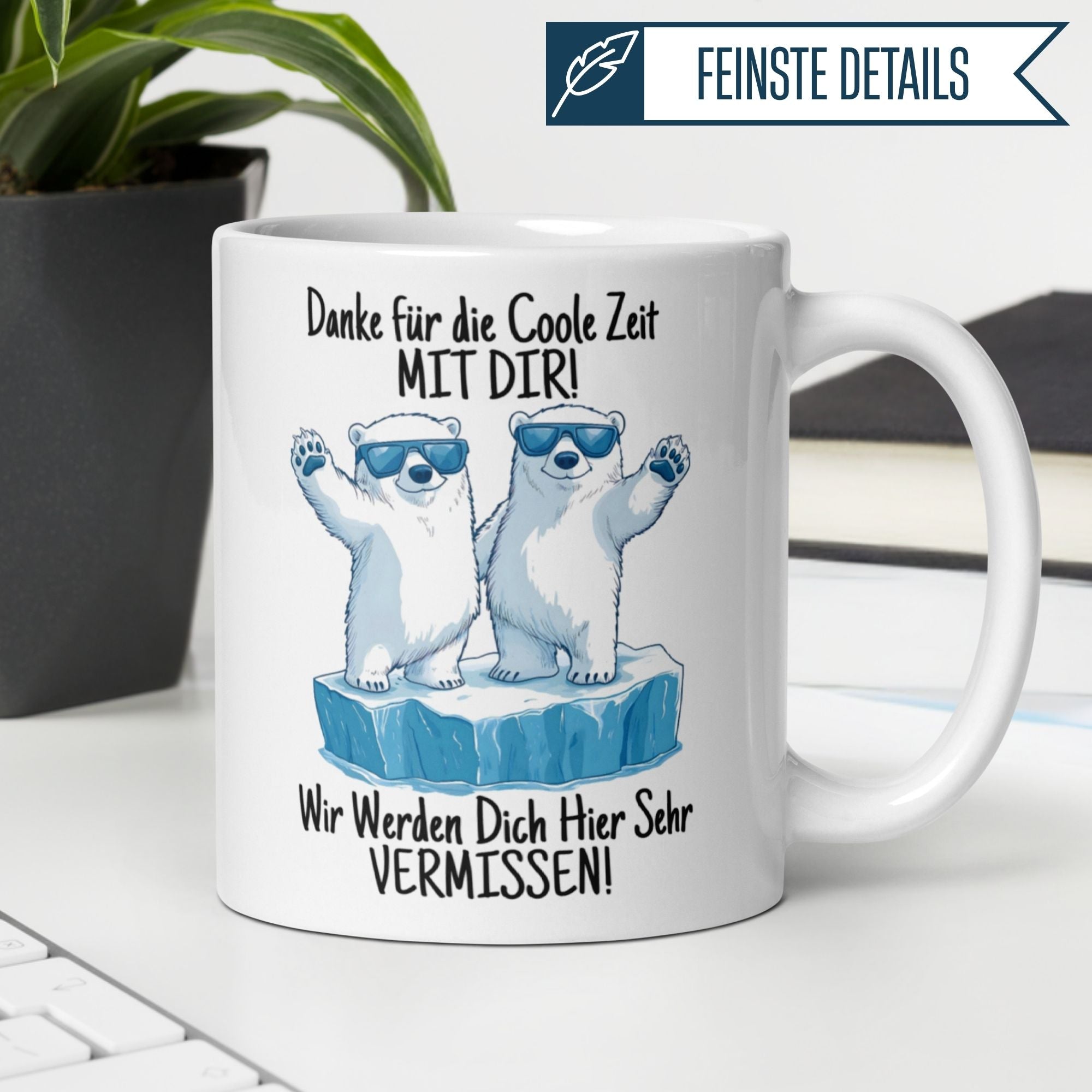 Tasse Abschied mit Eisbären-Motiv und Spruch "Danke für die coole Zeit mit dir" als humorvolles Geschenk.