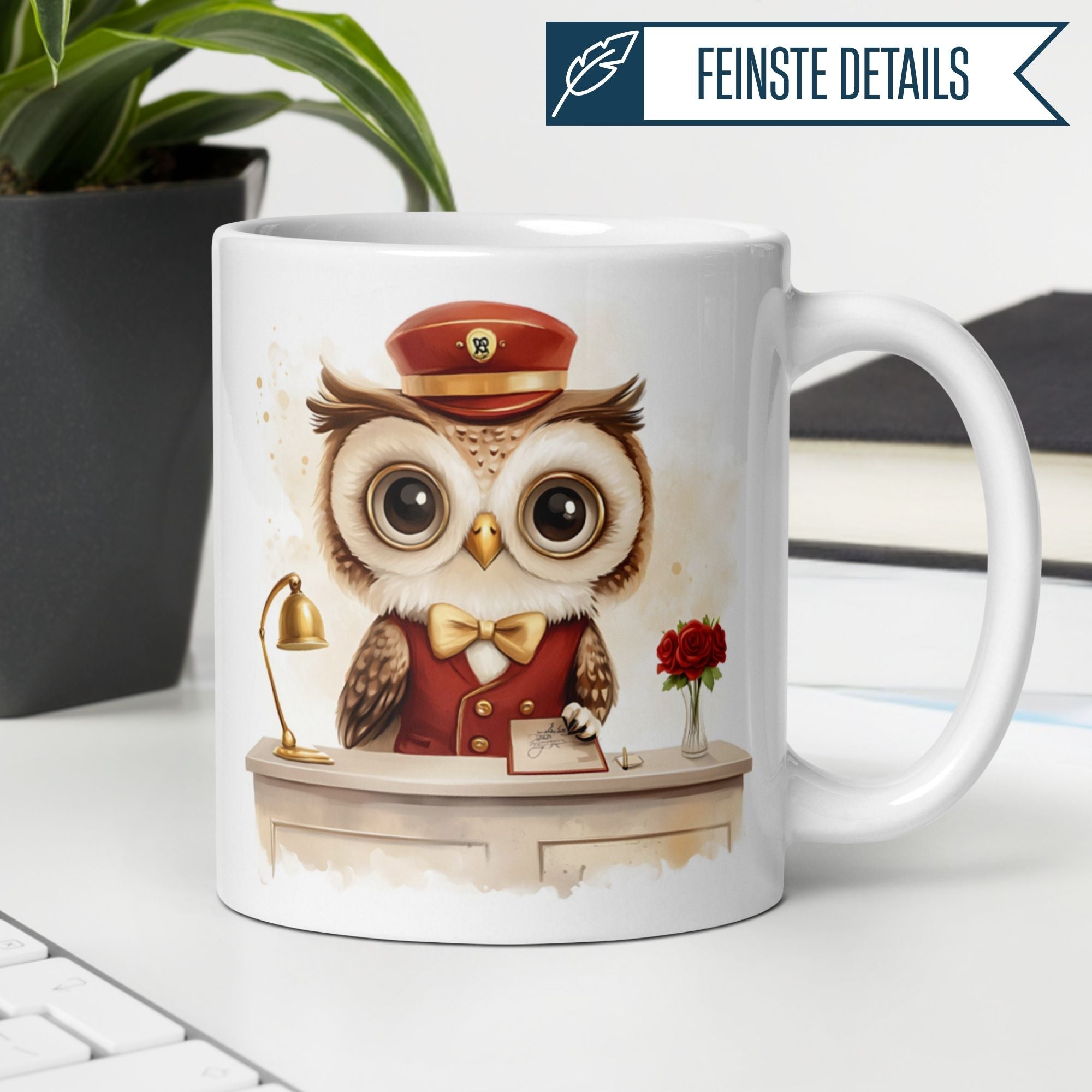 Momentals Tasse mit humorvoller Eule im Empfangsoutfit, perfekt für Tierliebhaber.
