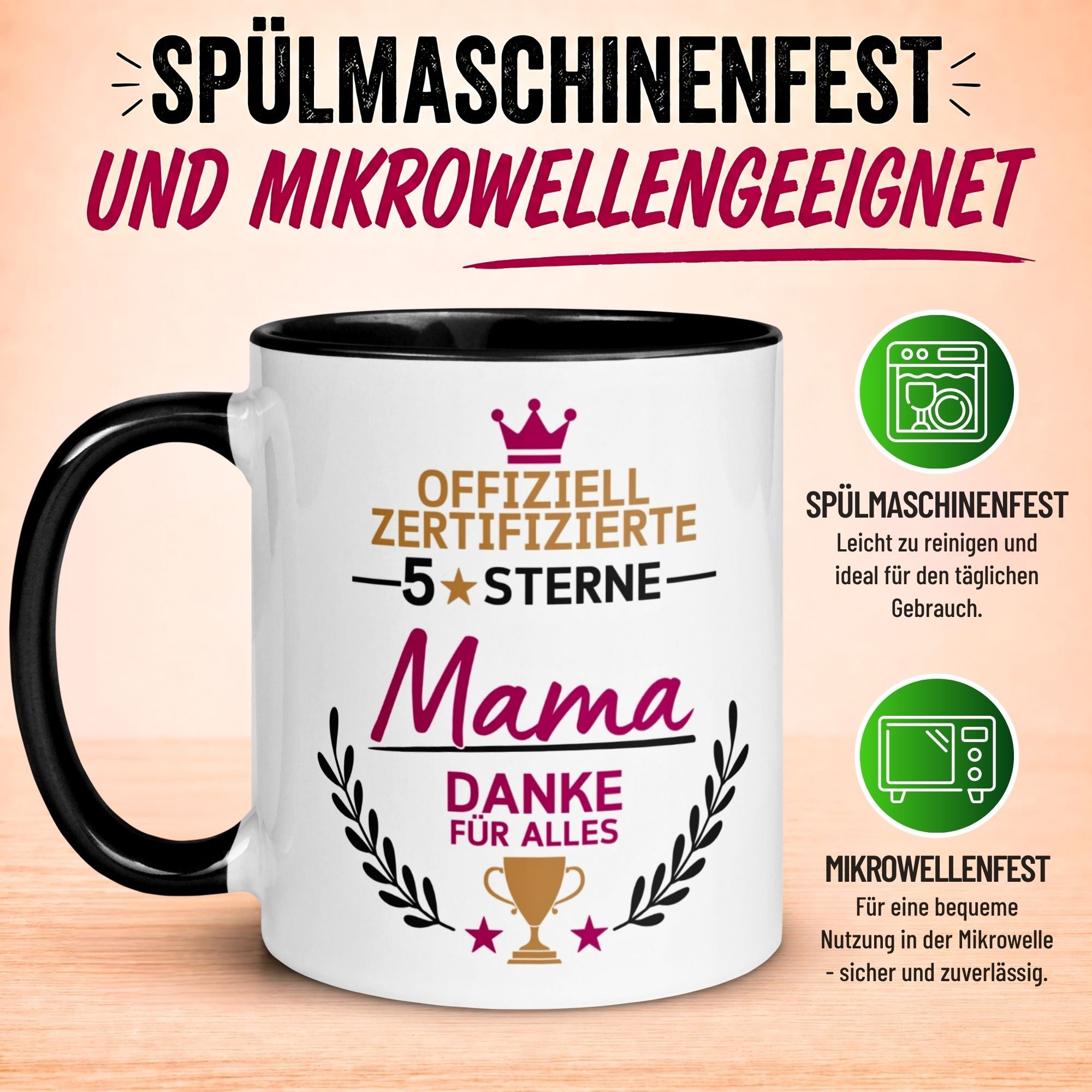 Tasse Mama – „Offiziell zertifizierte 5 Sterne Mama“ – Beste Mama Geschenk Becher