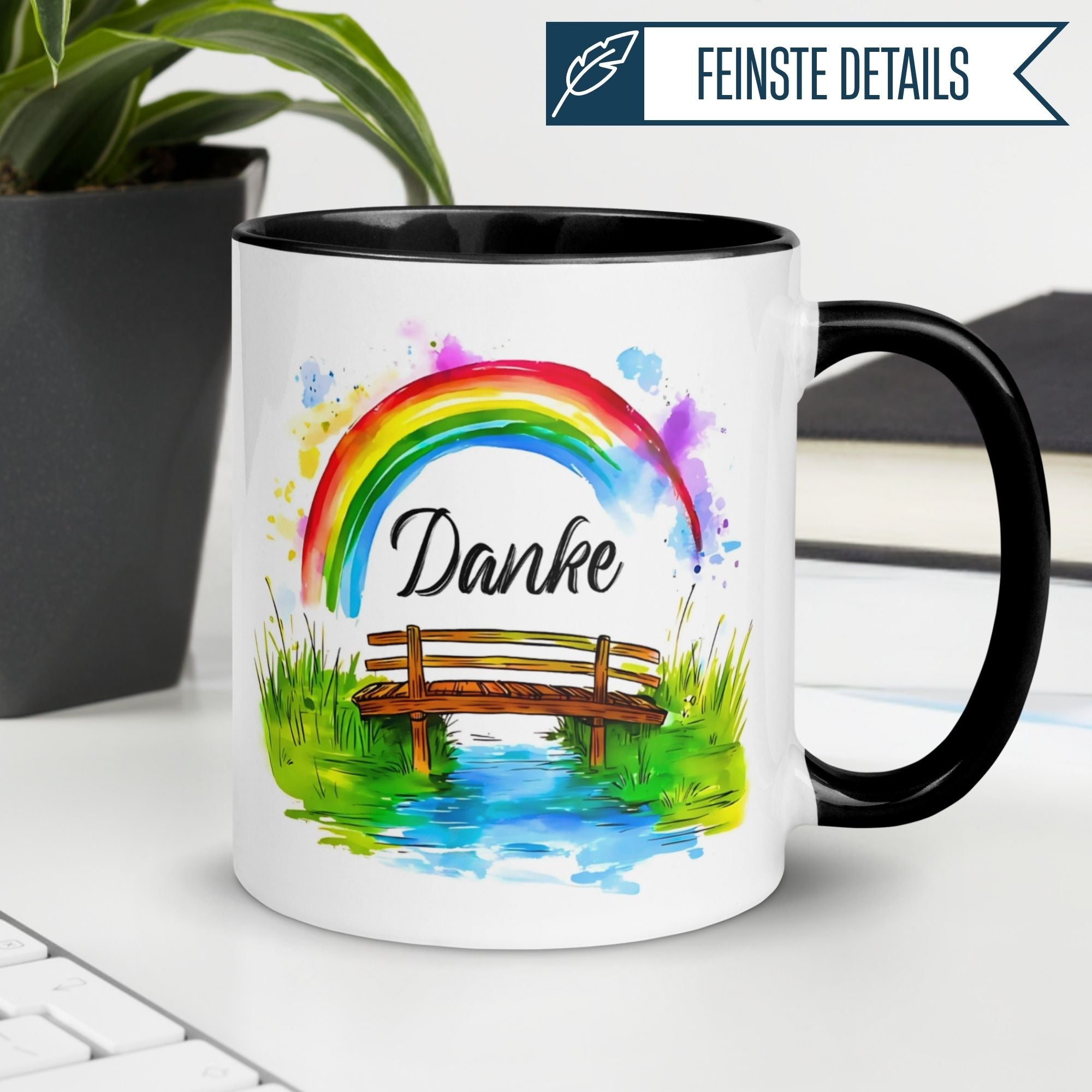 Momentals Tasse Danke mit Regenbogenmotiv, ideal für Wertschätzung und Dankeschön in der Kaffeepause.