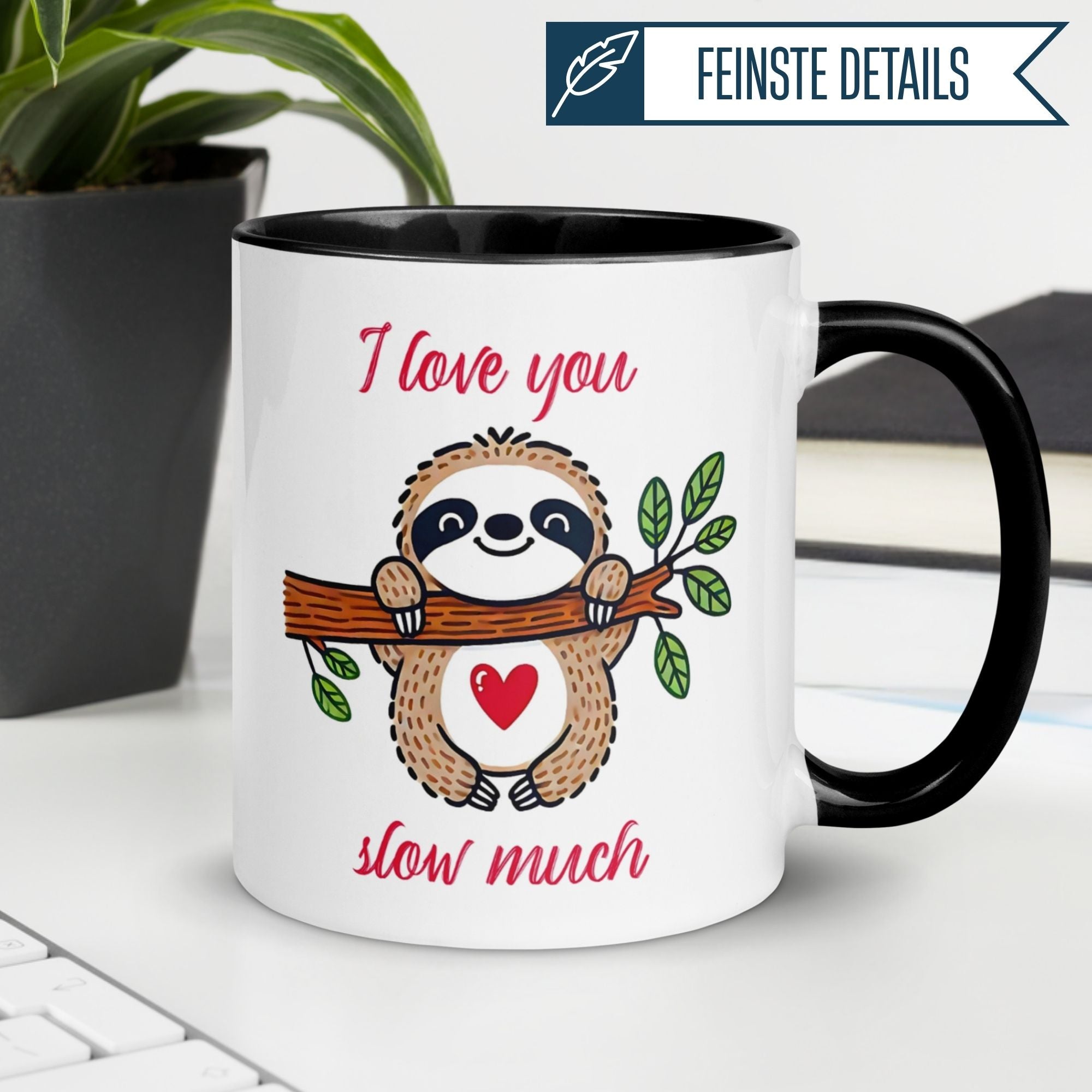 Momentals® Tasse mit Faultier, Herz und Spruch "I Love You Slow Much" für liebevolle Geschenke.