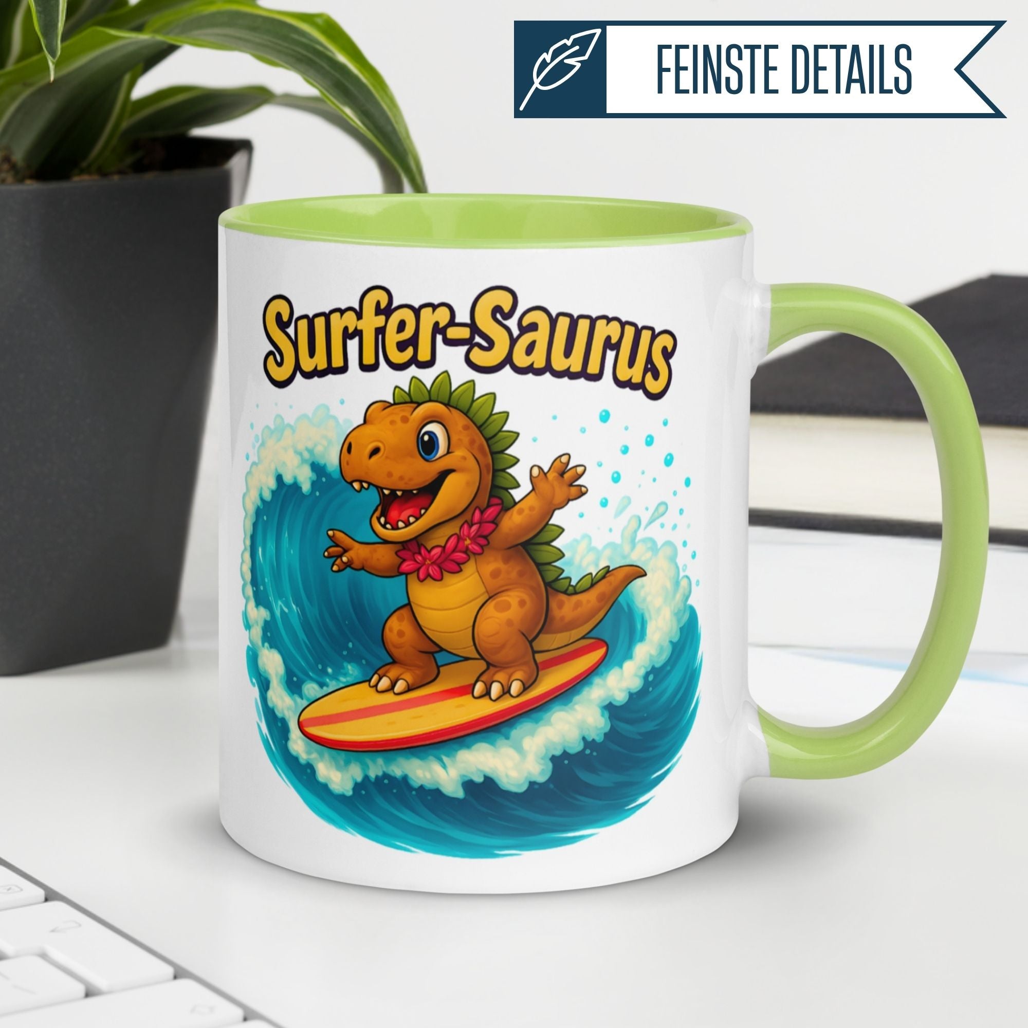 Tasse Dinosaurier – „Surfer Saurus“ – Dino Geschenk Becher für Surf Fans