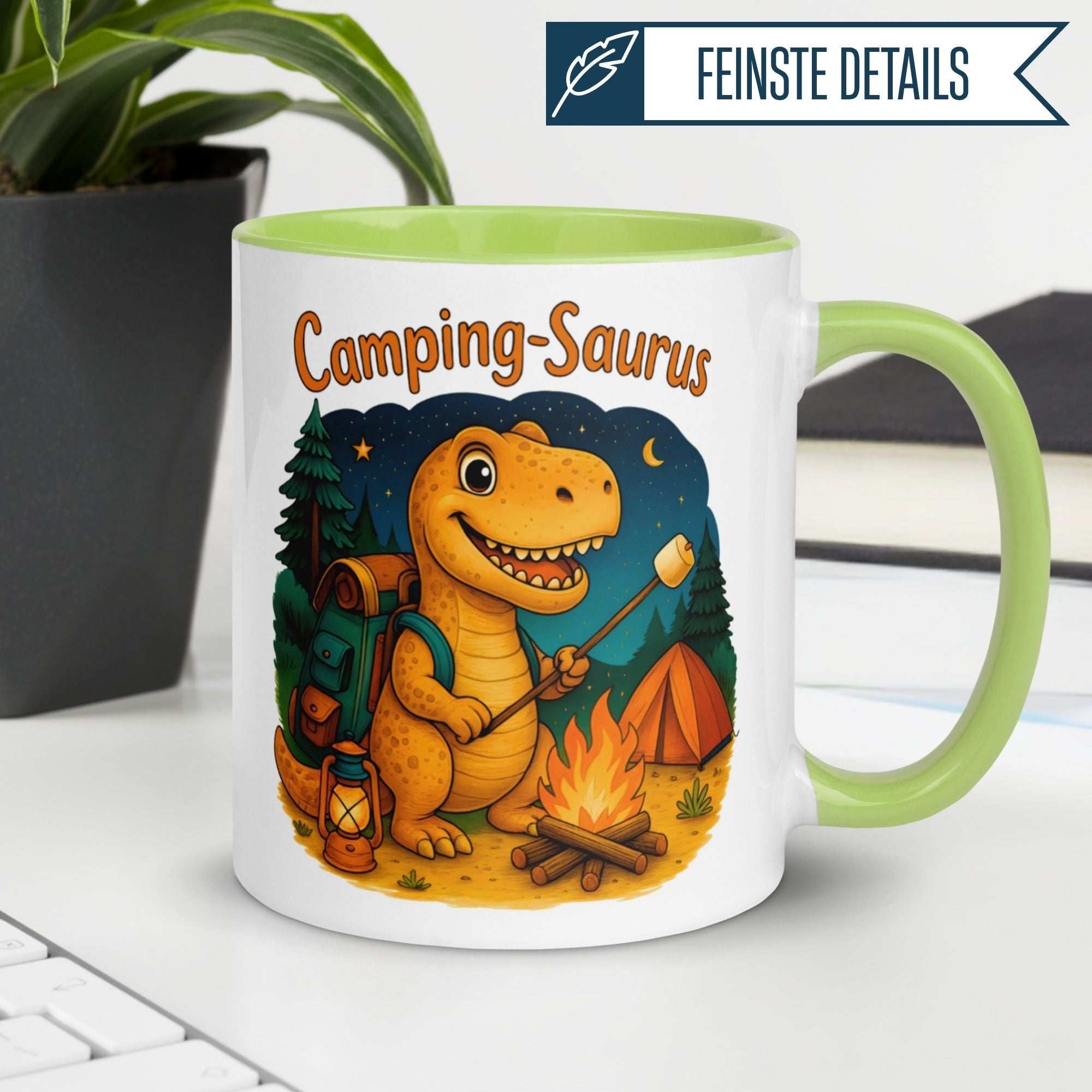 Tasse Dinosaurier – „Camping Saurus“ – Dino Geschenk Becher für Camper