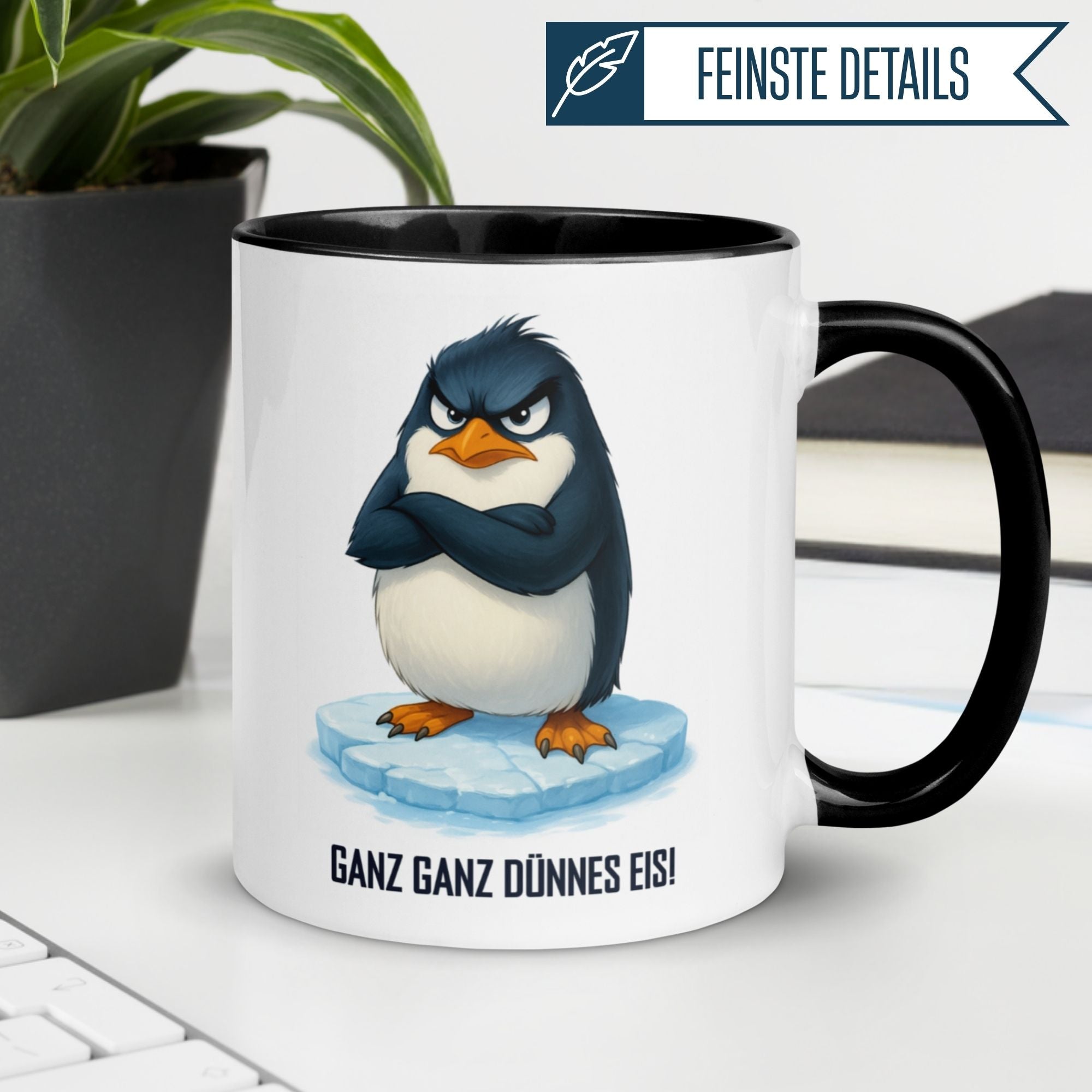 Momentals® Tasse mit Pinguin und Spruch "Ganz ganz dünnes Eis!" für Morgenmuffel.