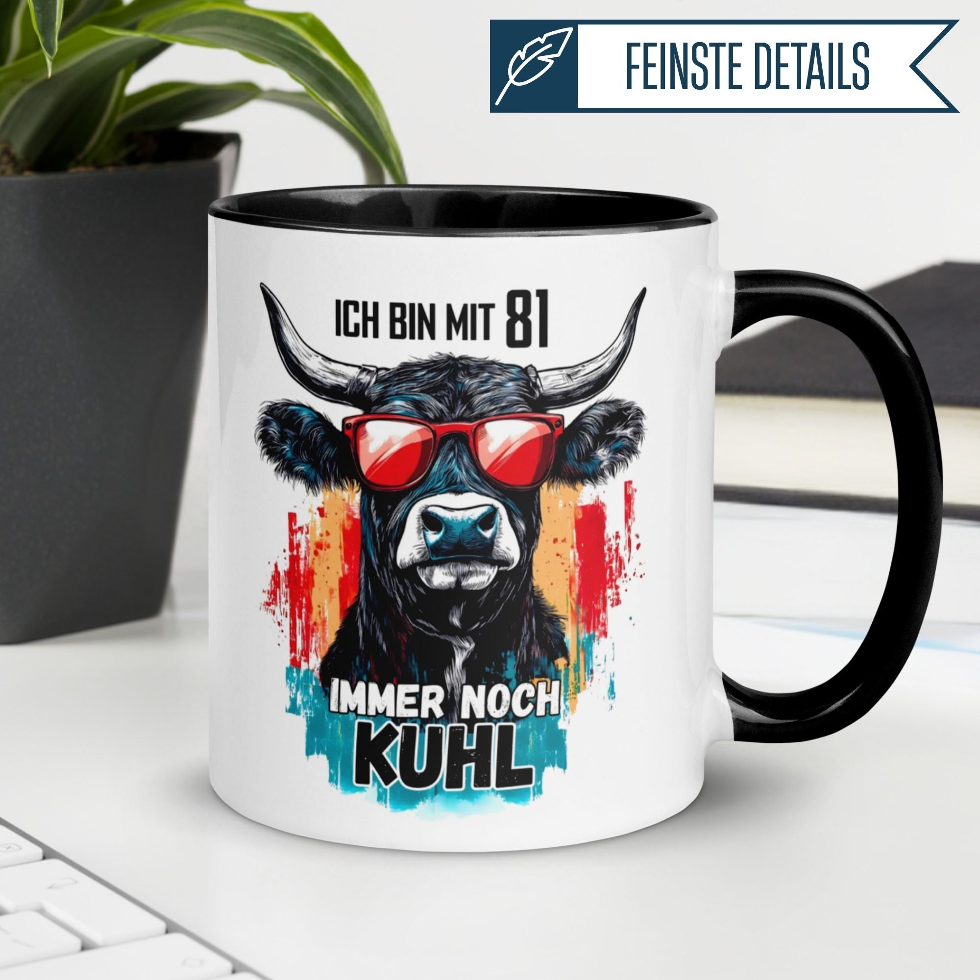 Humorous birthday mug for 81st with cool cow design and colorful text. Perfect gift for men celebrating special moments.