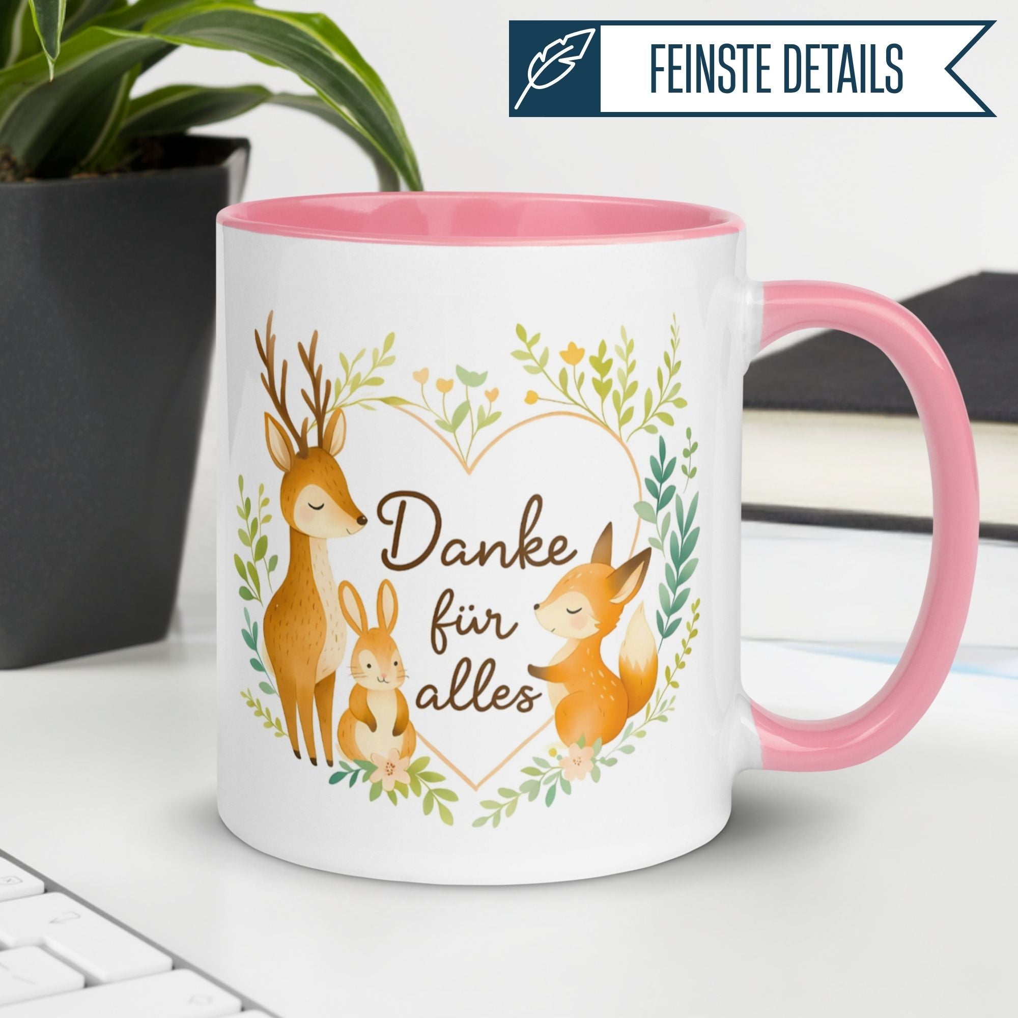 Momentals® Tasse mit Waldtier-Motiv und Spruch: "Danke für alles" in charmantem Design.