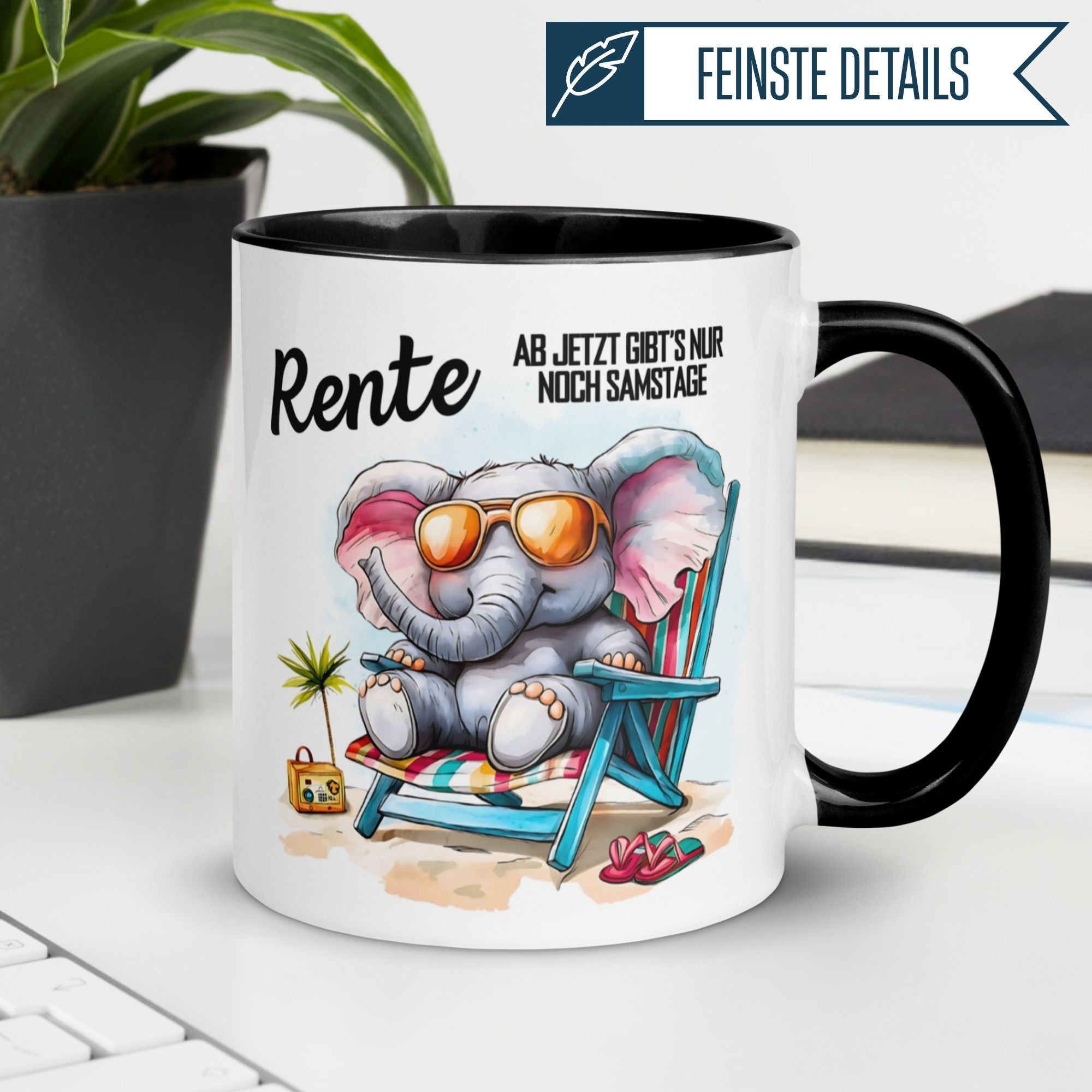 Momentals® Tasse Rente mit Elefant in Sonnenbrille und Spruch "Ab jetzt gibt’s nur noch Samstage".