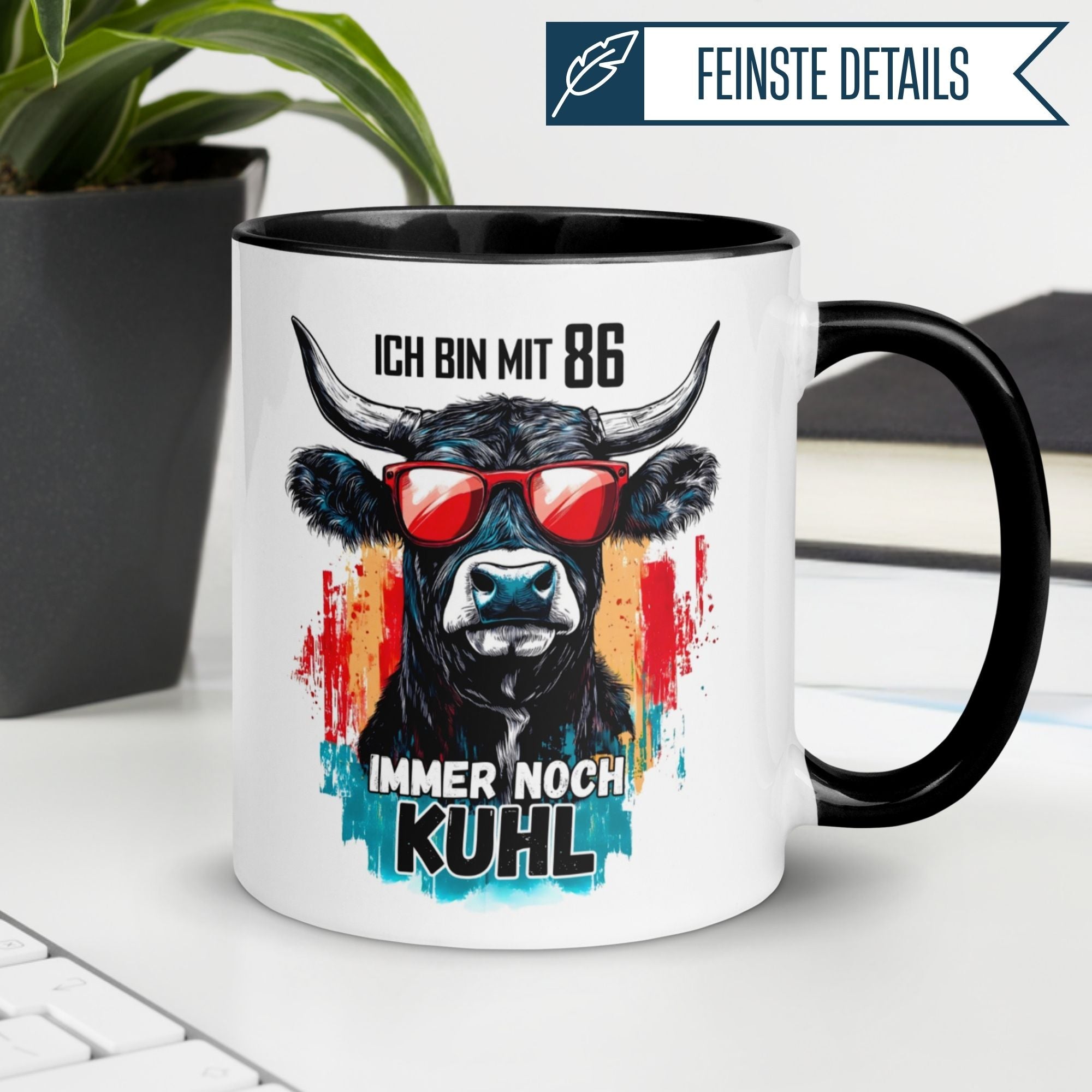 Humorous birthday mug for 86th birthday featuring a cool cow and the phrase 'Ich bin mit 86 immer noch Kuhl'.