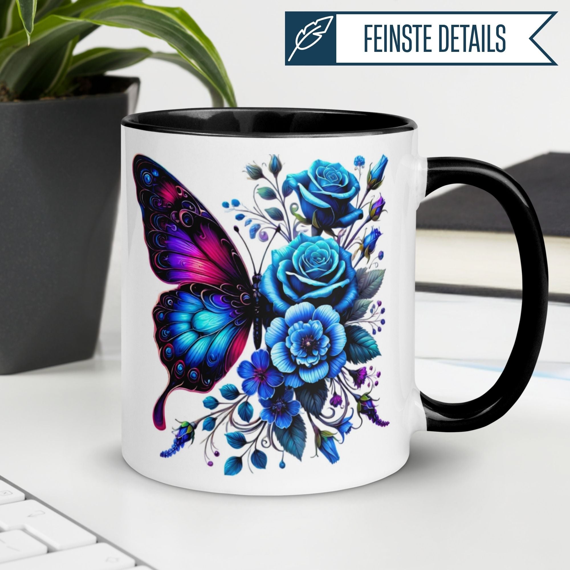 Tasse | Schmetterling & Rosen | Elegantes blaues Blütendesign mit Farbverlauf