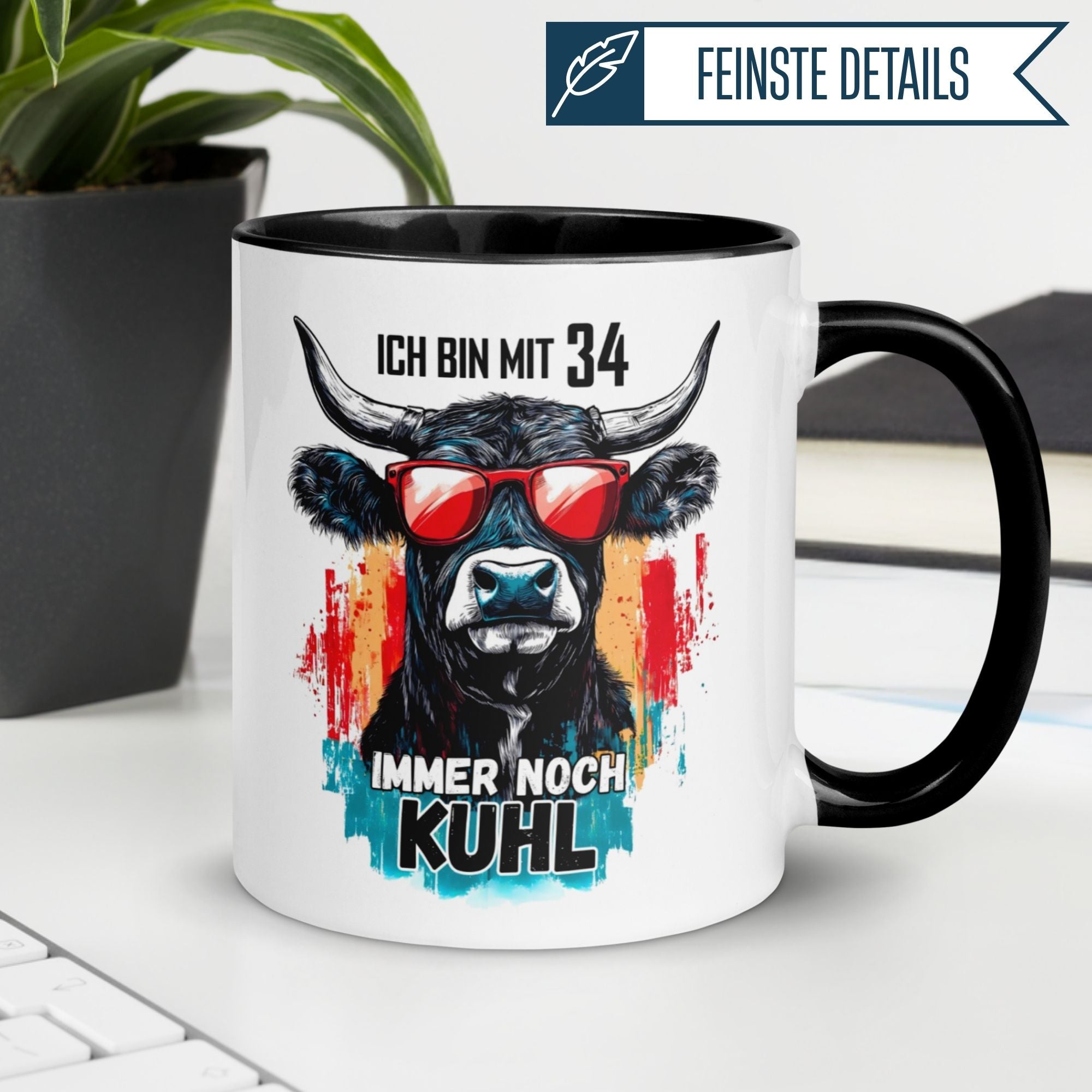 Momentals® Tasse für den 34. Geburtstag mit Kuh-Motiv und Spruch: Ich bin mit 34 immer noch kuh-l.