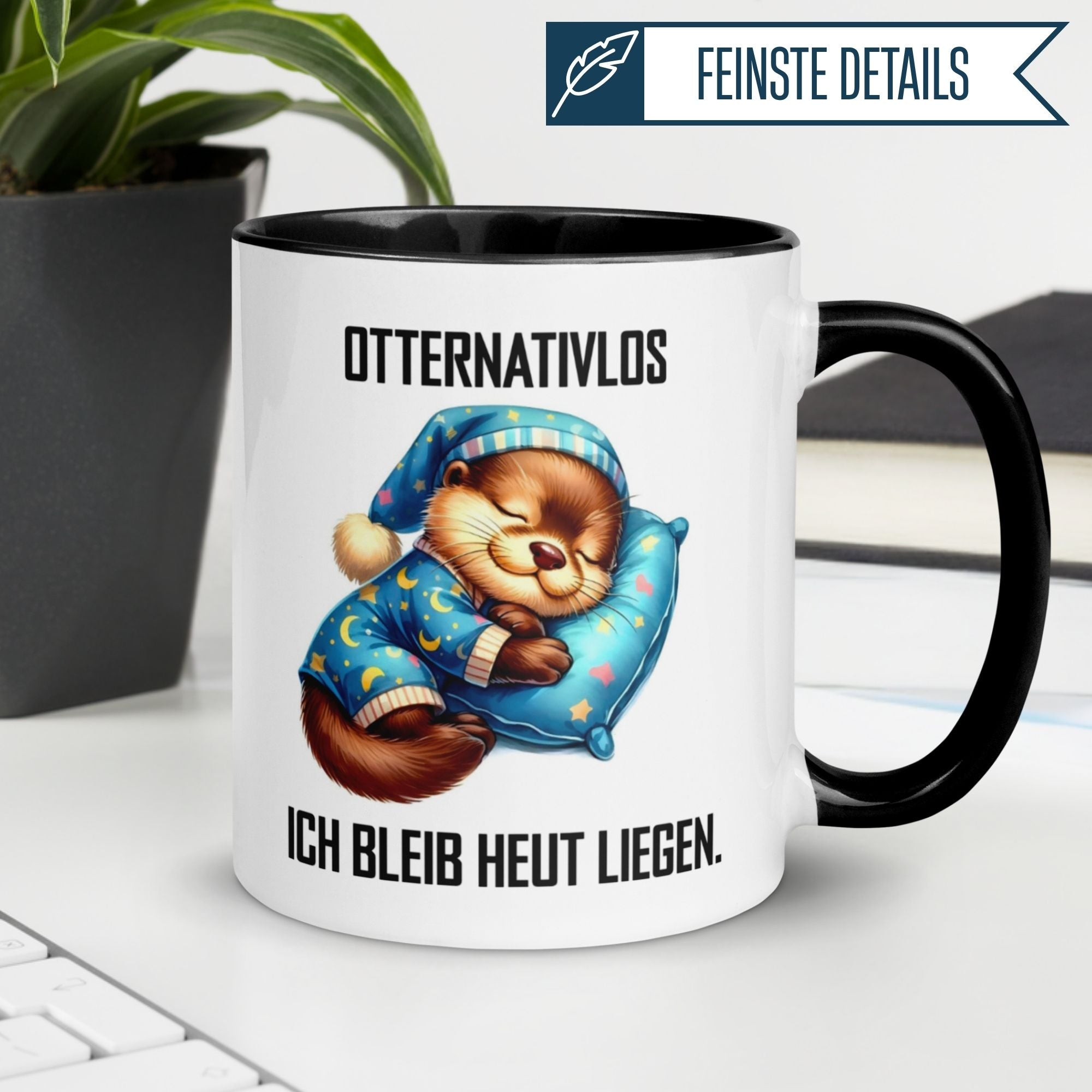 Momentals® Tasse Morgenmuffel mit Otter-Motiv und Spruch 'Ich bleib heute lieber liegen' für den perfekten Morgen.