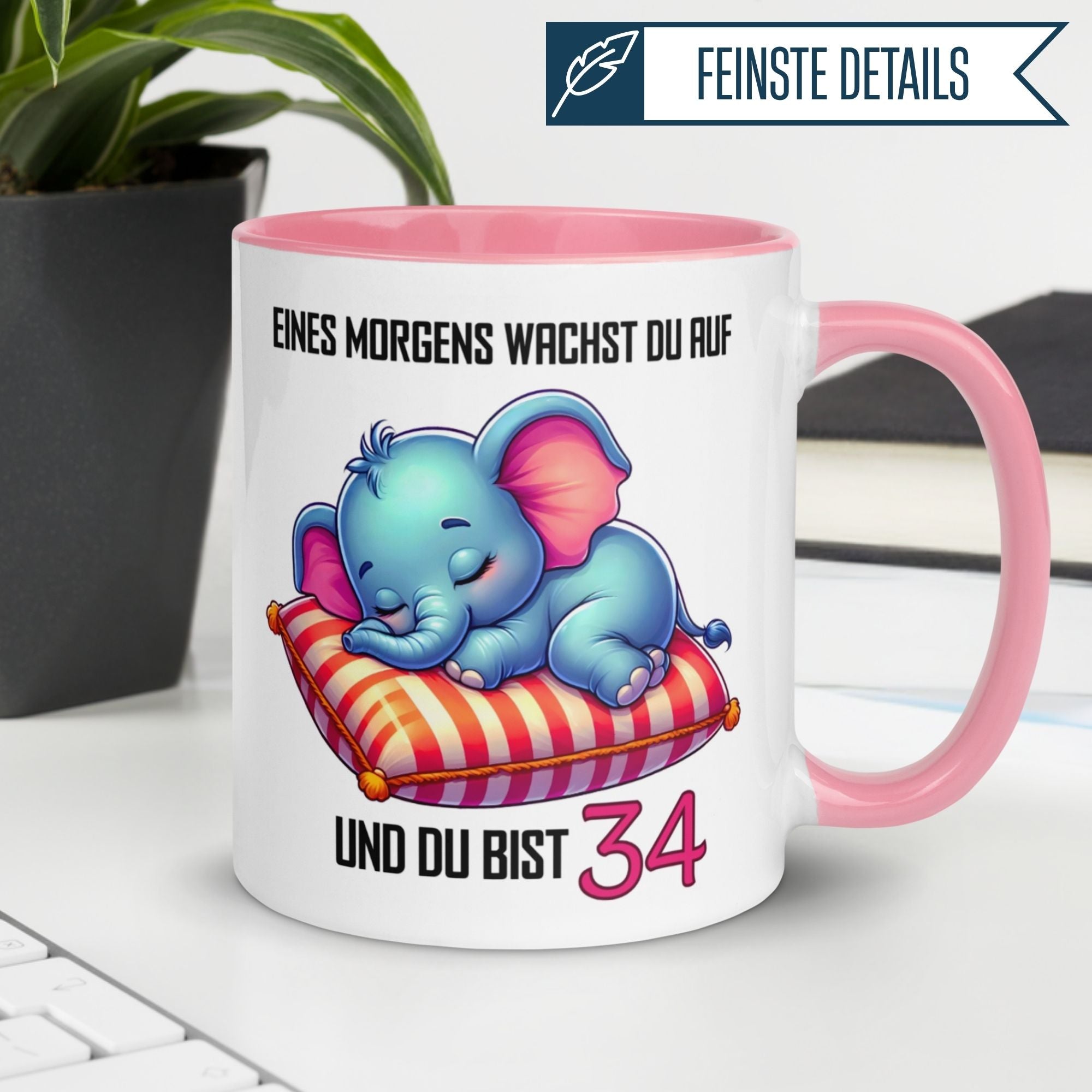 Momentals® Tasse für den 34. Geburtstag mit süßem Elefanten und lustigem Spruch über das Aufwachen.