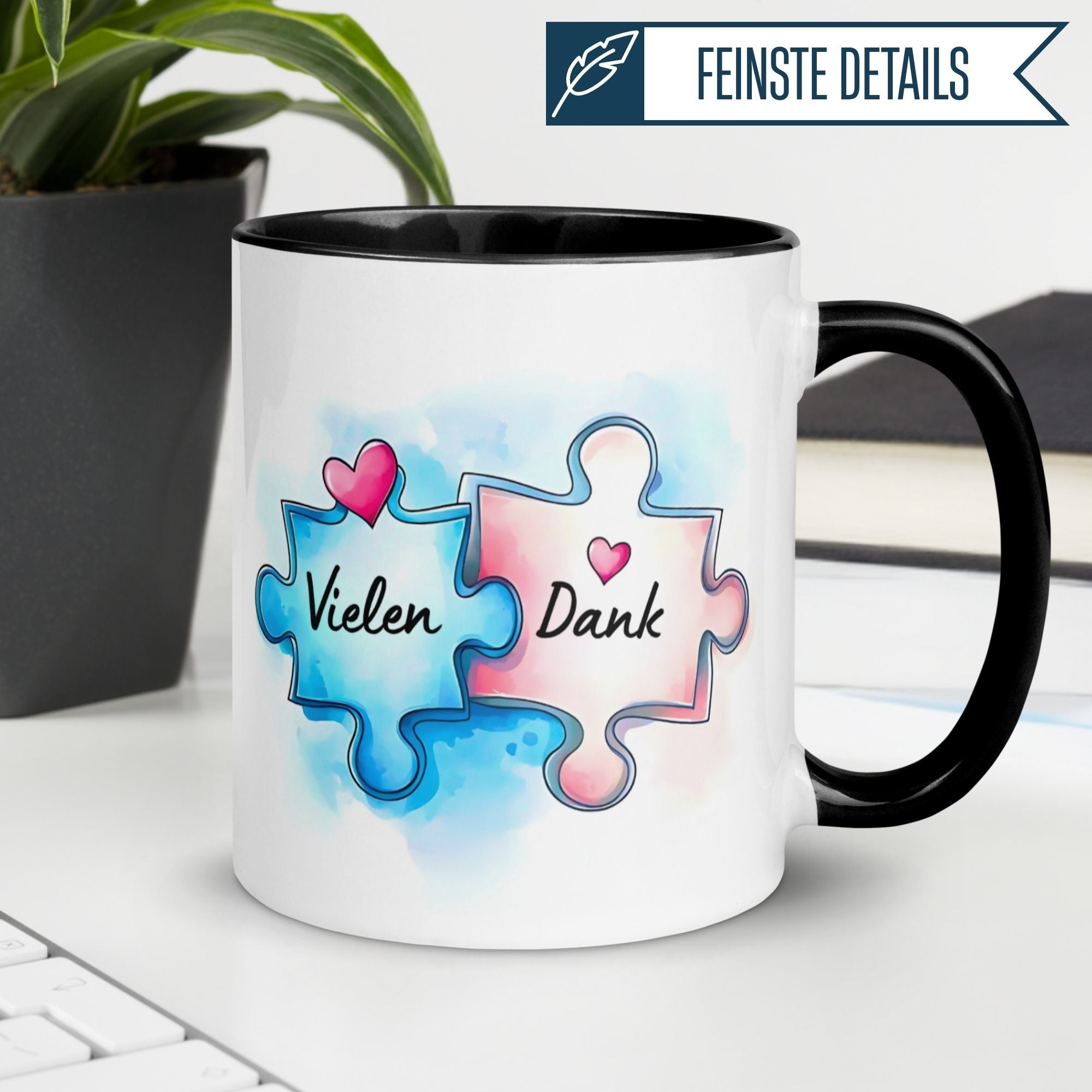 Momentals Tasse Danke mit Puzzlestücken und Aquarell-Design für wertschätzende Kaffeepausen.