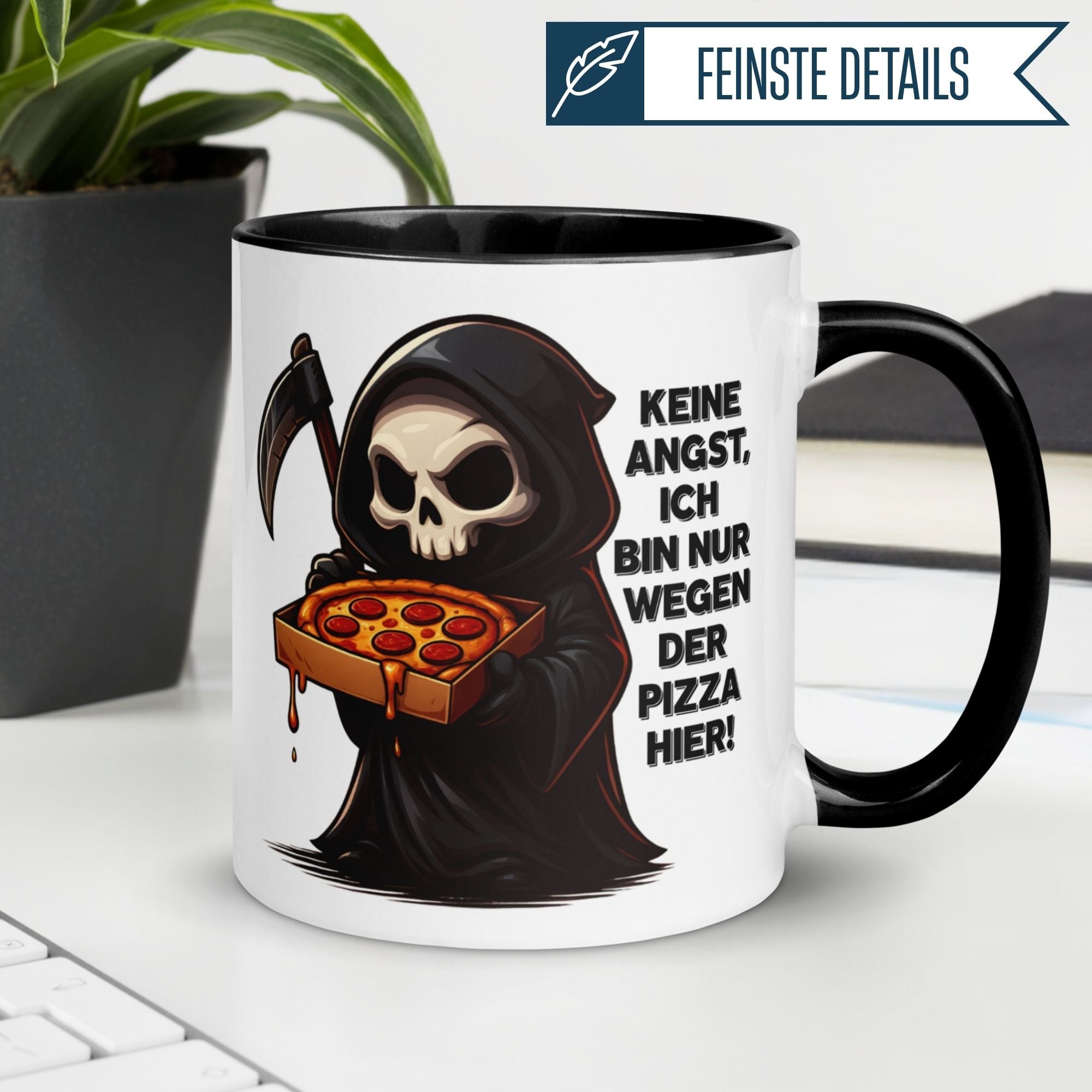 Tasse Sensenmann – „Ich bin nur wegen der Pizza hier“ – Lustige Kaffeetasse mit Spruch