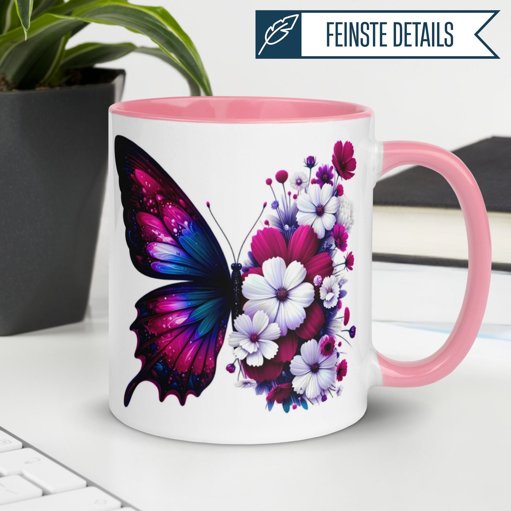 Tasse Schmetterling – „Blütendesign in Fuchsia“ – Geschenk mit Schmetterlingen
