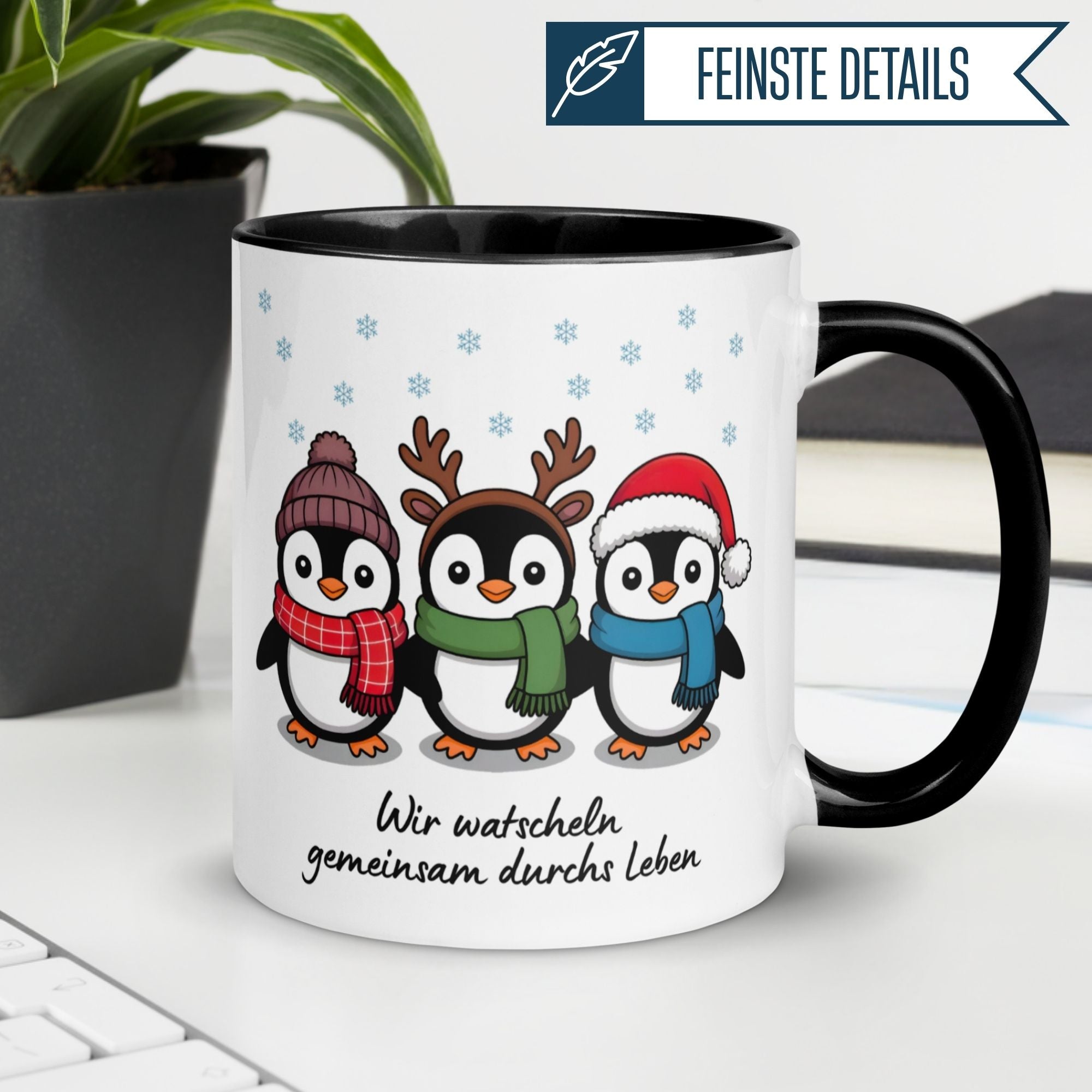Tasse Pinguin – „Wir watscheln gemeinsam durchs Leben“ – lustiger Geschenk Becher