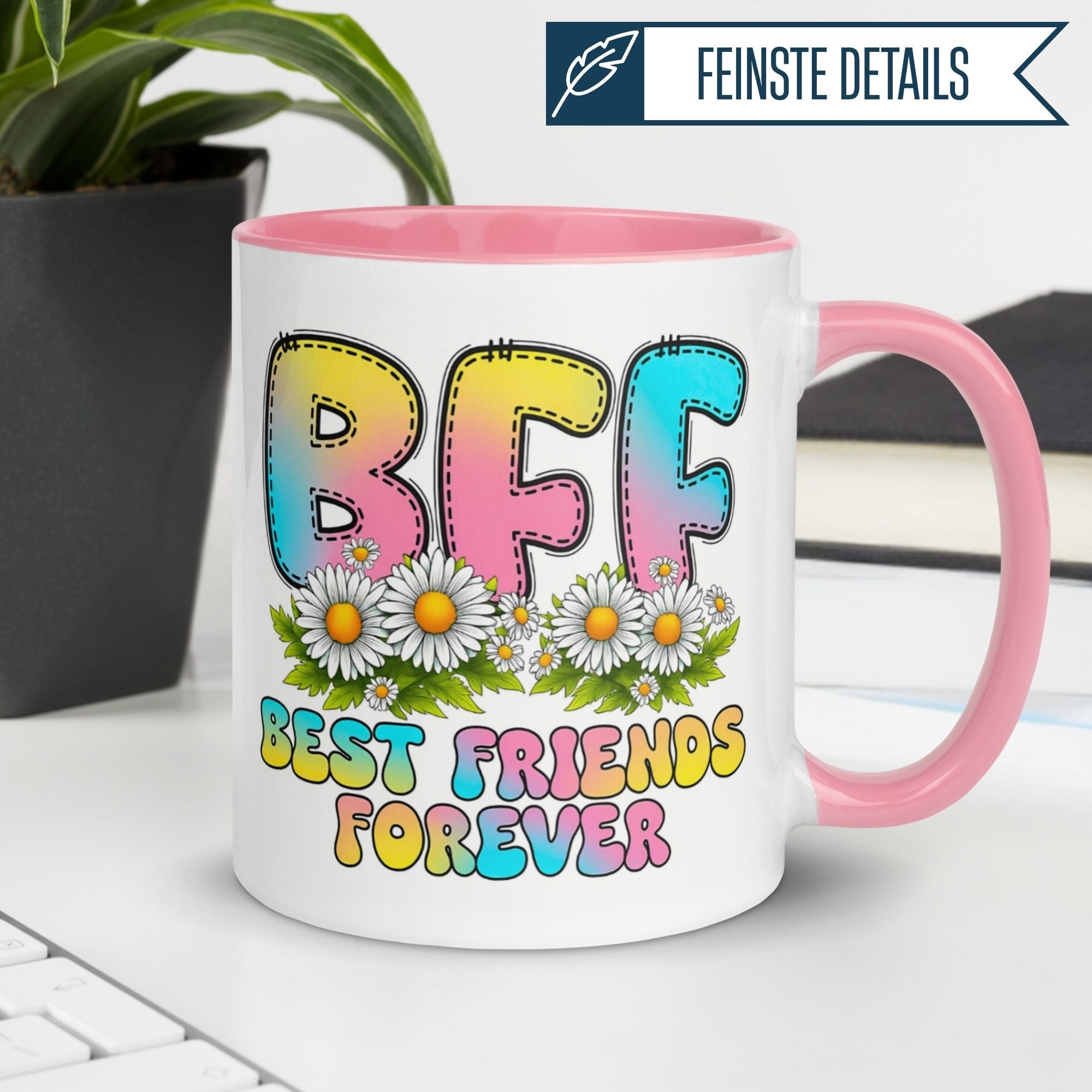 Colorful BFF mug with flowers and bright typography for best friends forever.