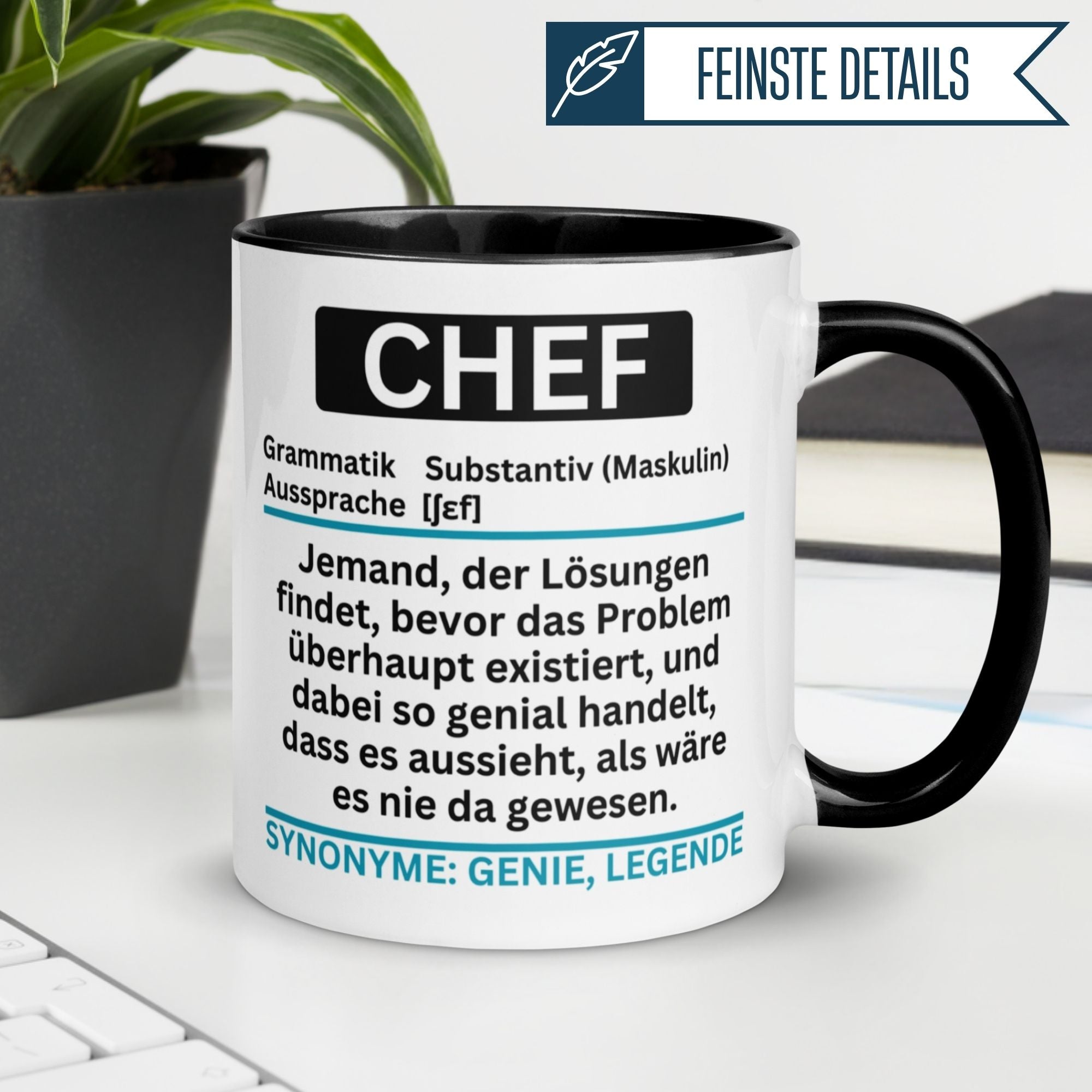 Momentals Tasse Chef mit humorvollem Lexikonstil und Definitionstext für Chefs als ideales Geschenk.