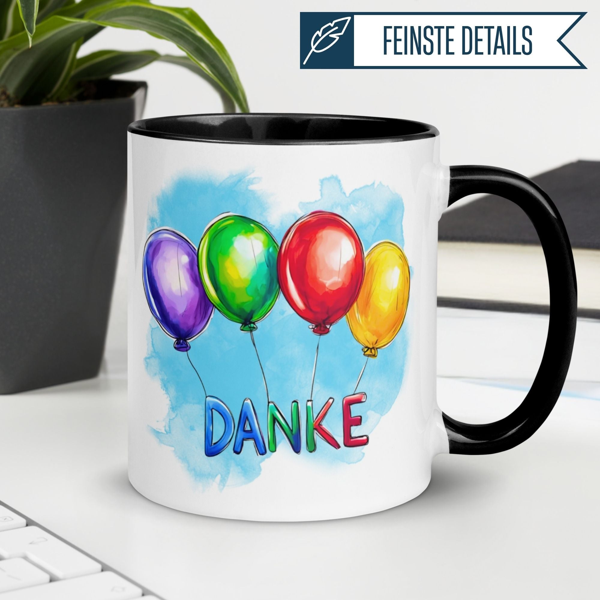 Momentals Tasse mit bunten Ballons und 'DANKE' für herzliche Wertschätzung in jeder Kaffeepause.