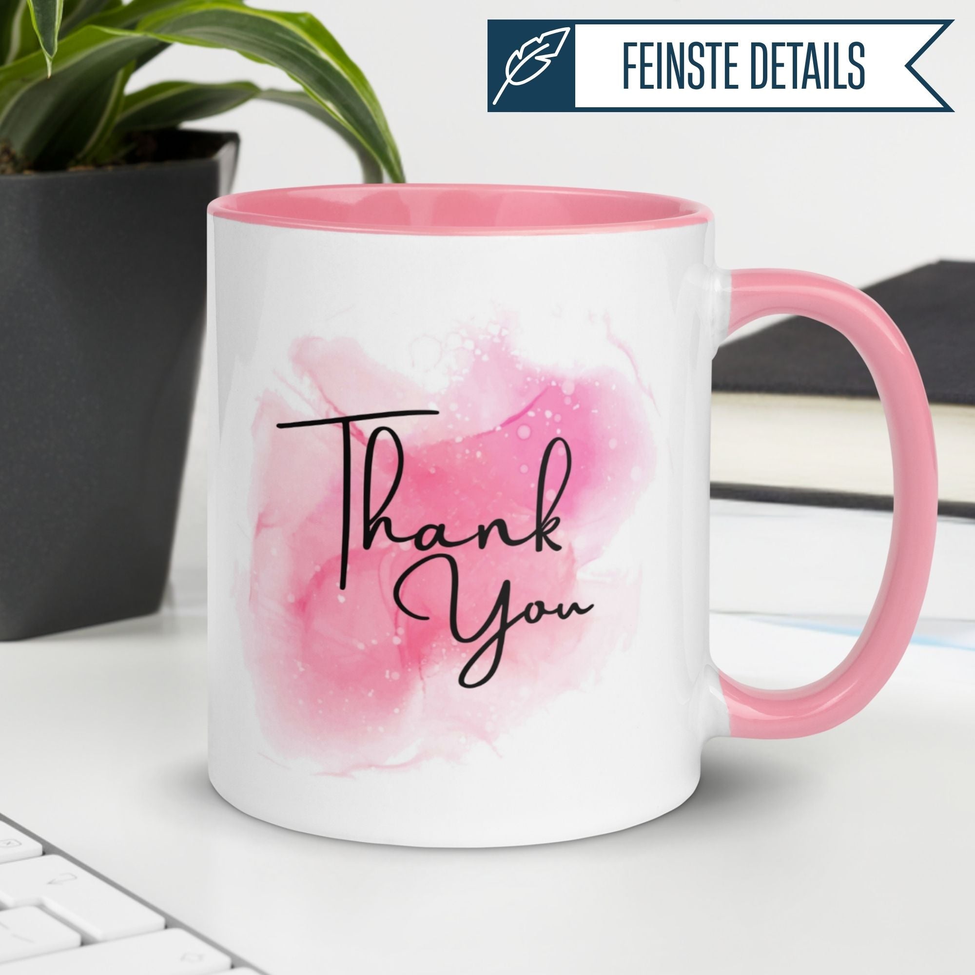 Momentals Tasse mit Aquarell-Design in Rosa und der Botschaft 'Thank You', ideal für Wertschätzung.