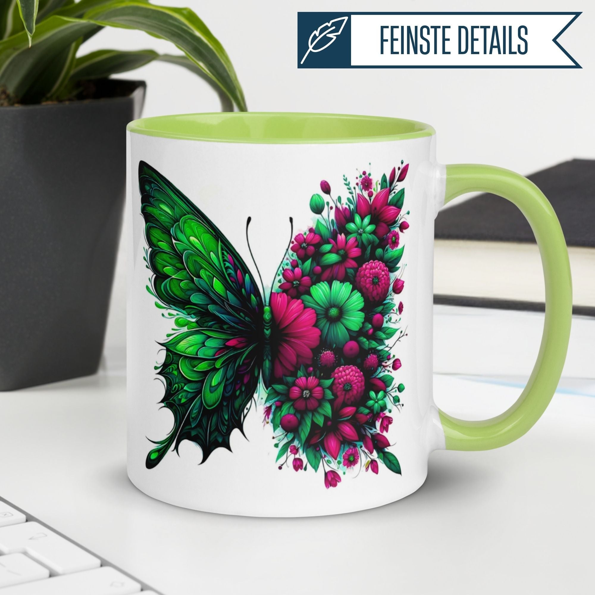 Tasse Schmetterling – „Blütendesign in Smaragdgrün“ – Geschenk mit Schmetterlingen