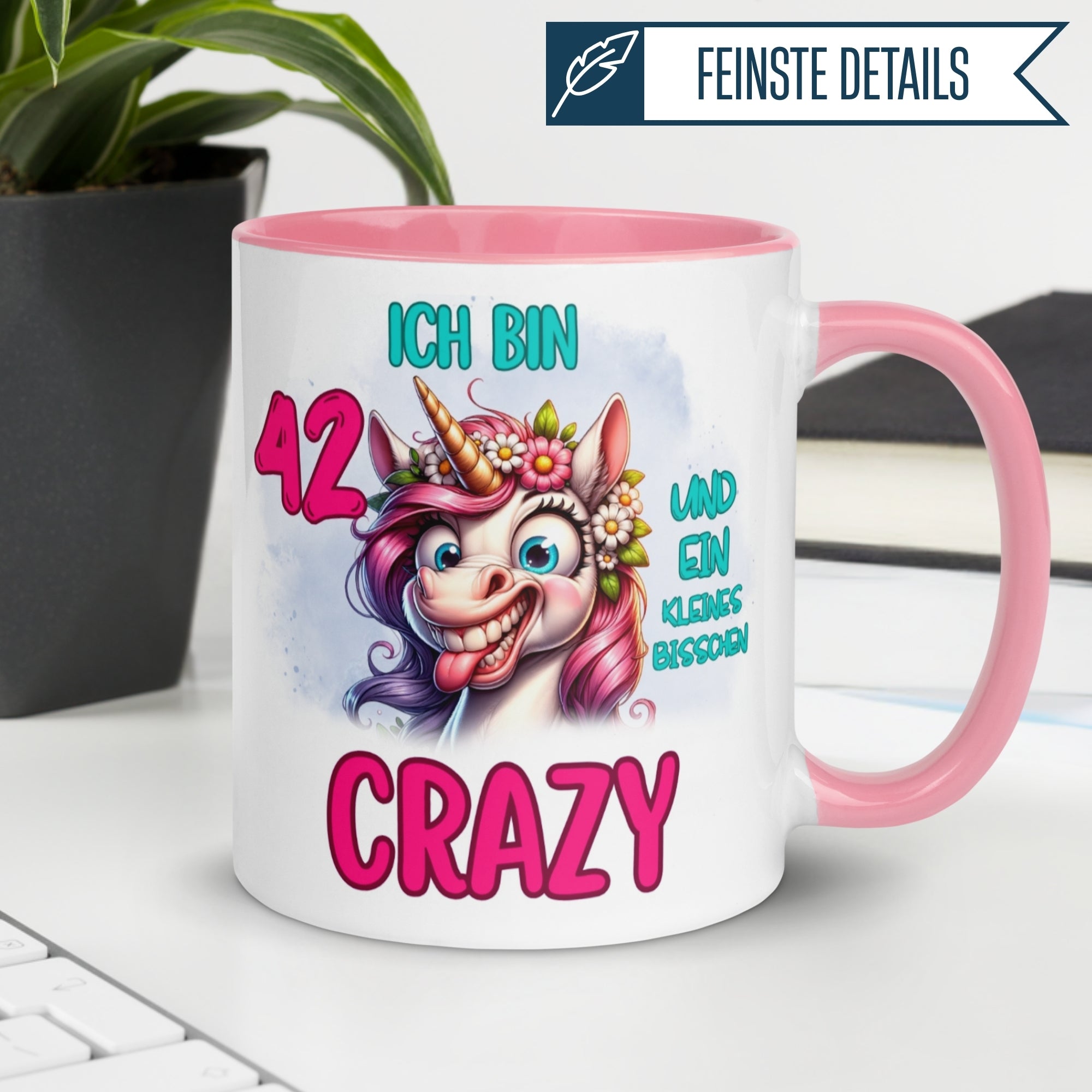 Tasse 42. Geburtstag | Einhorn & Spruch | Ich bin 42 und ein kleines bisschen Crazy