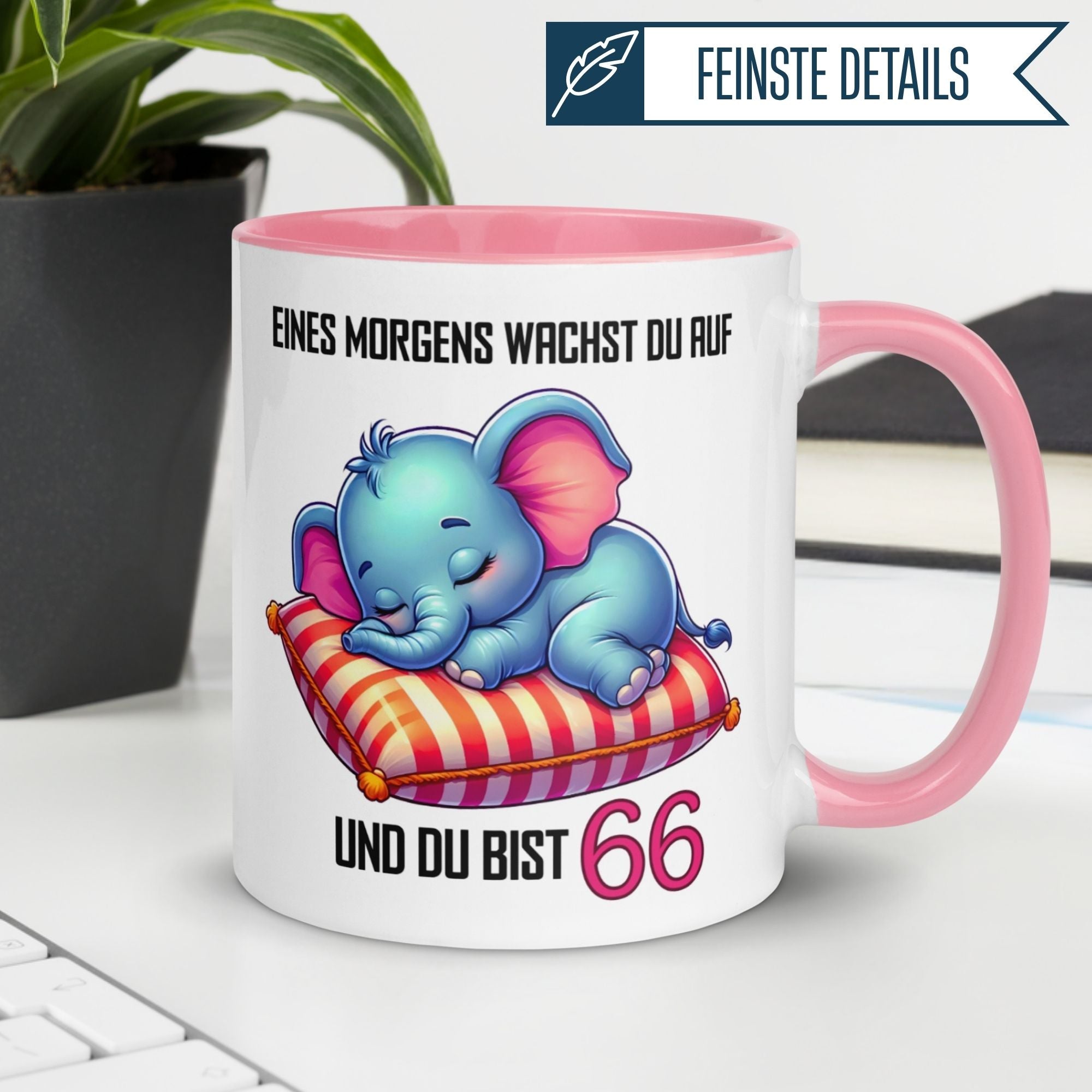 Momentals® Geburtstagstasse für 66 mit lächelndem Elefanten und witzigem Spruch.