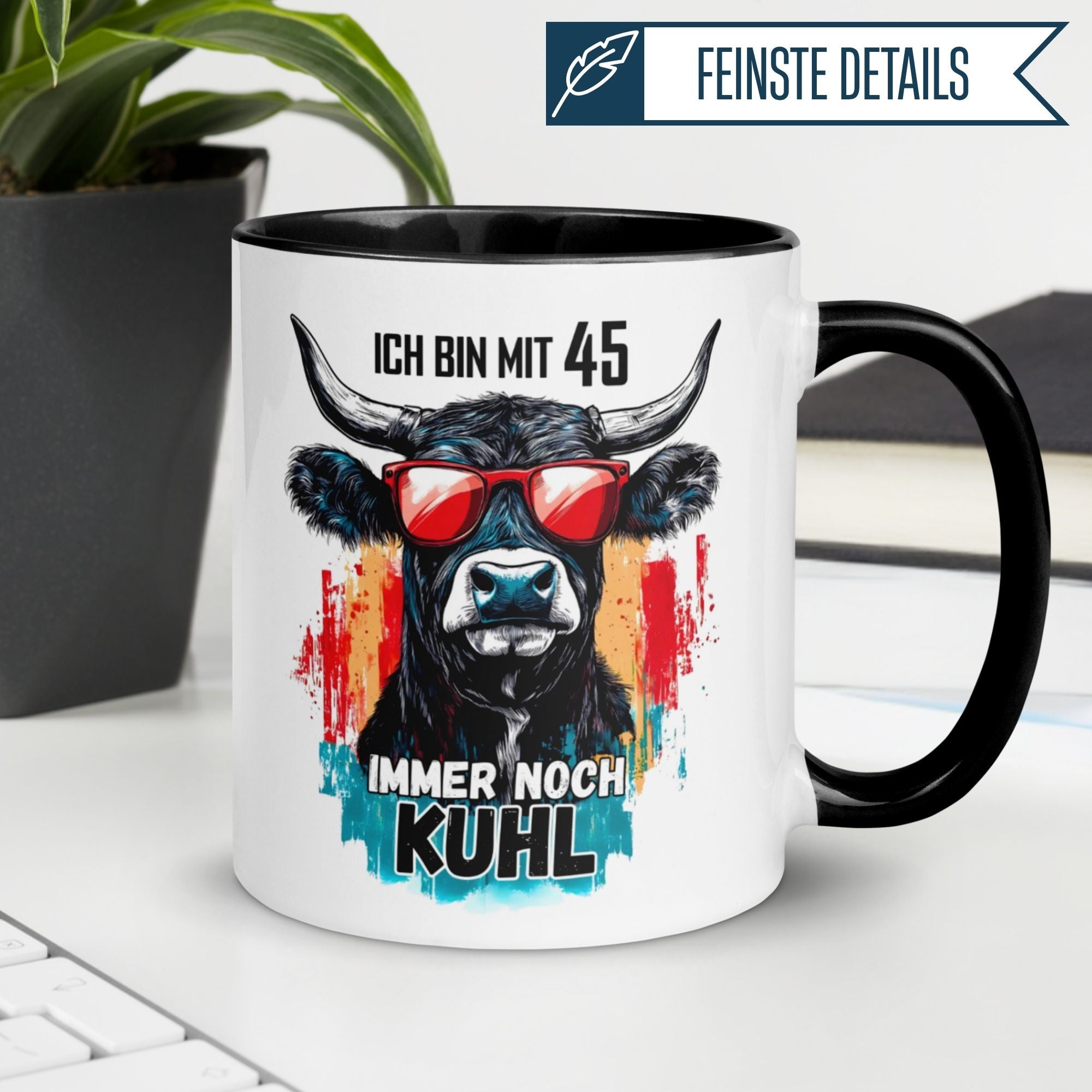 Momentals Tasse zum 45. Geburtstag mit Kuh-Motiv und Spruch "Ich bin mit 45 immer noch kuh-l"