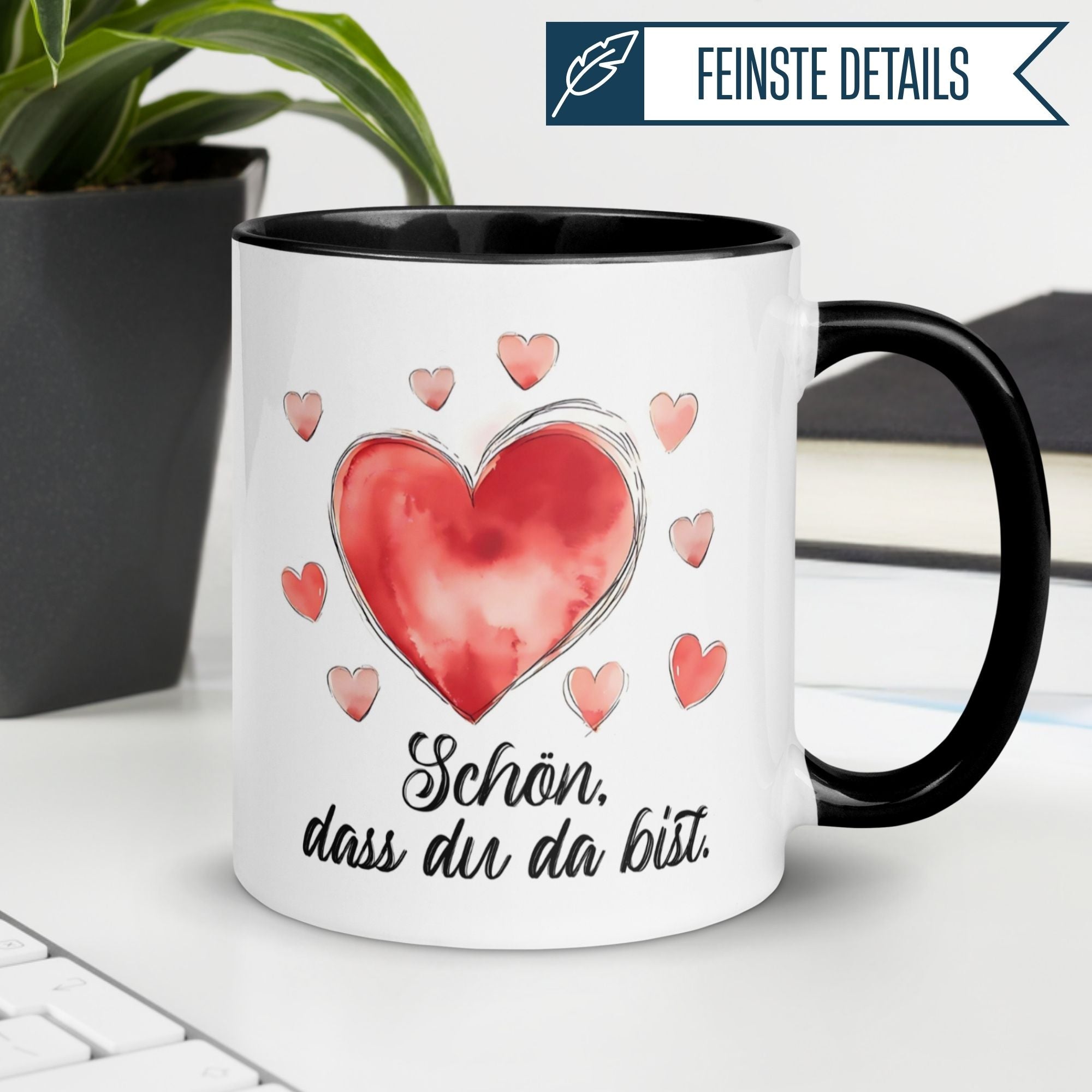 Momentals® Tasse mit Herz-Motiv und Danke-Spruch „Schön, dass du da bist“ für Wertschätzung.