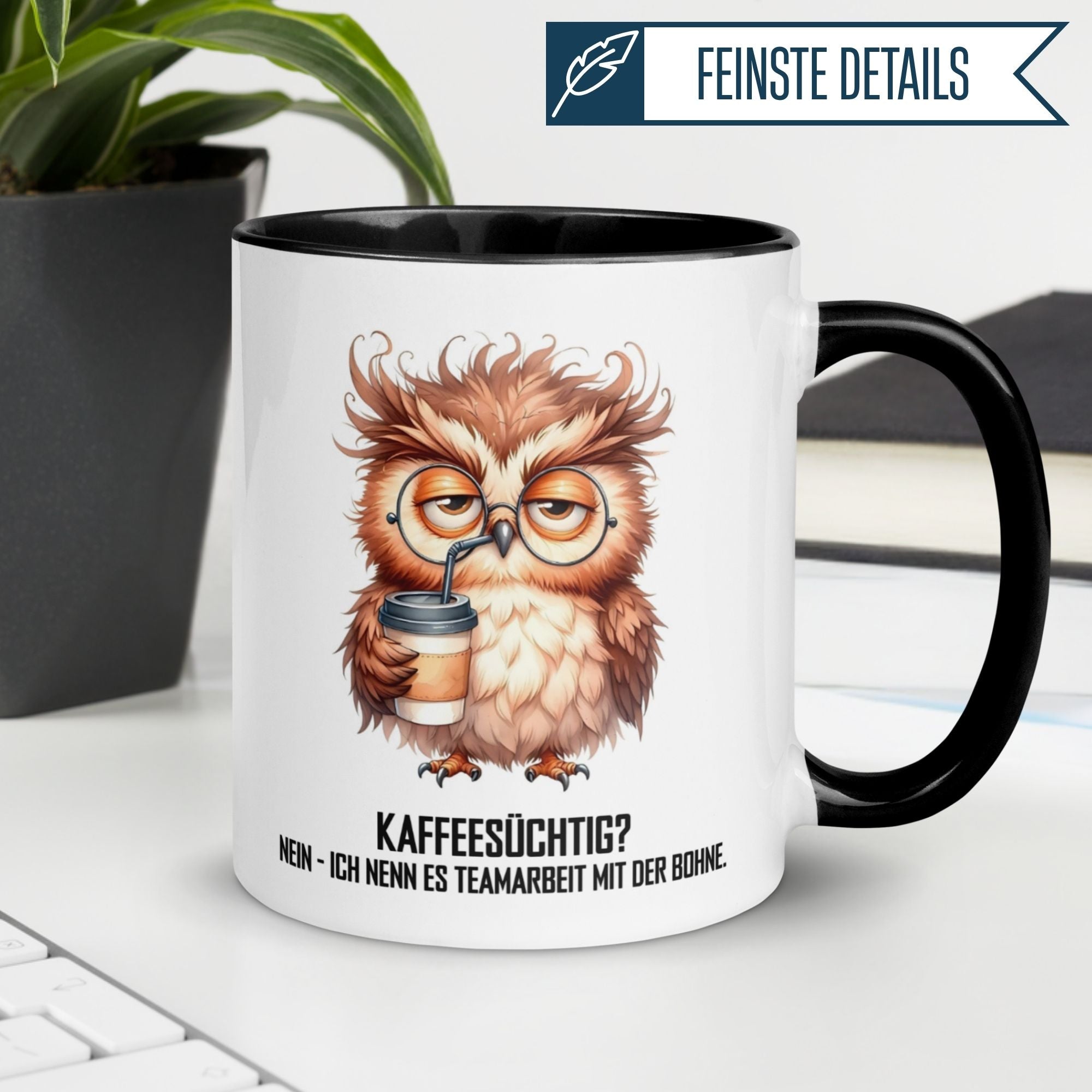 Momentals Tasse mit Eule und Spruch "Teamarbeit mit der Bohne" für Kaffee-Liebhaber.