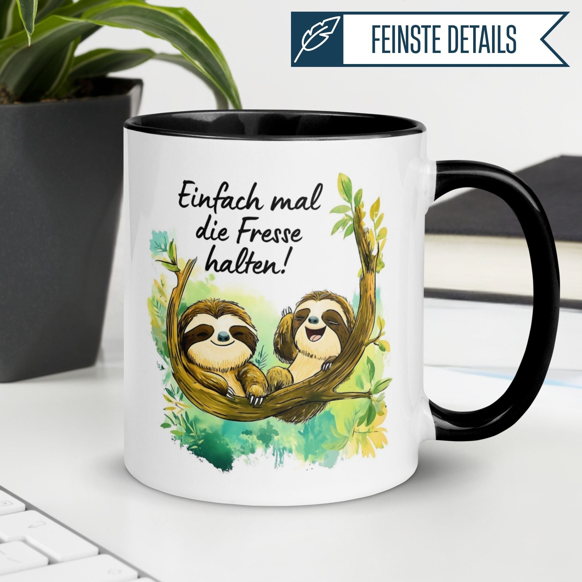 Momentals Tasse mit Faultieren und Spruch "Einfach mal die Fresse halten!" für entspannte Tierfreunde.